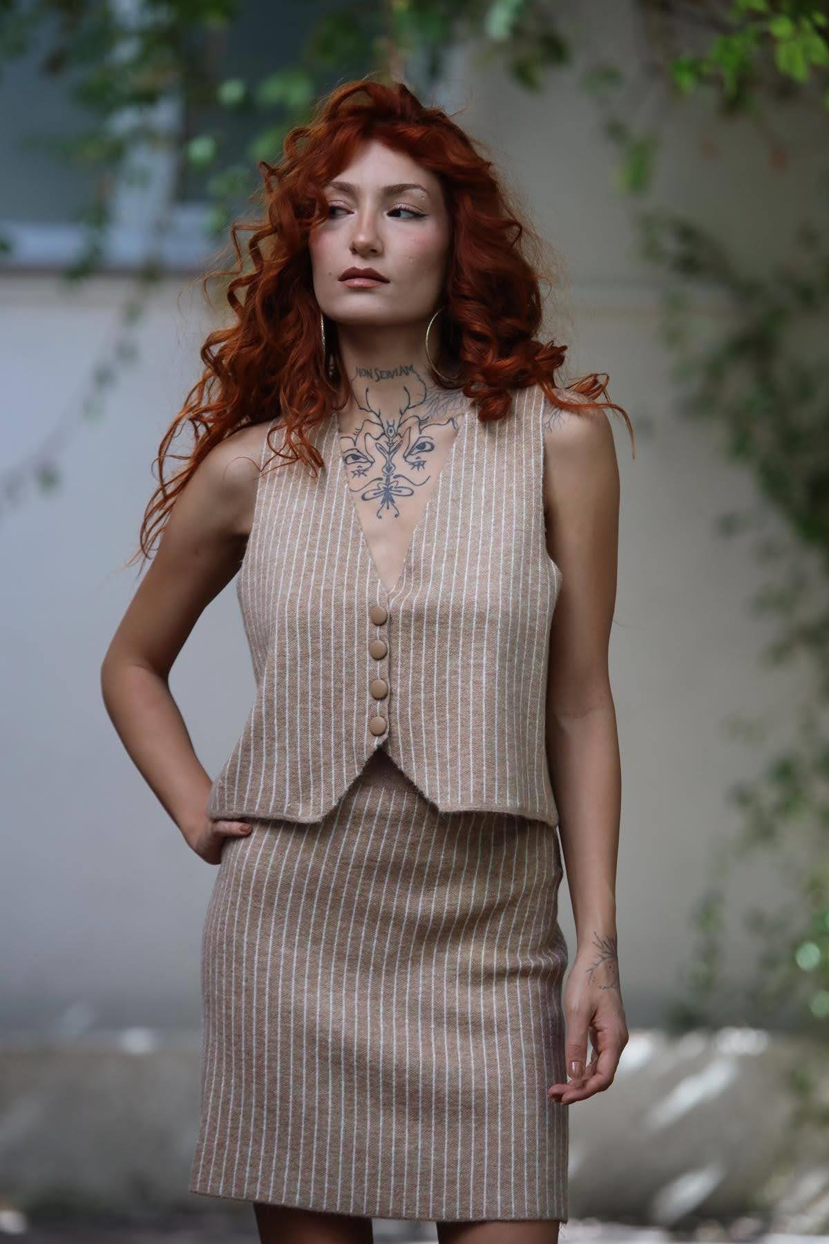 Sütlü Kahve Beli Lastikli Çizgili Çan Etek