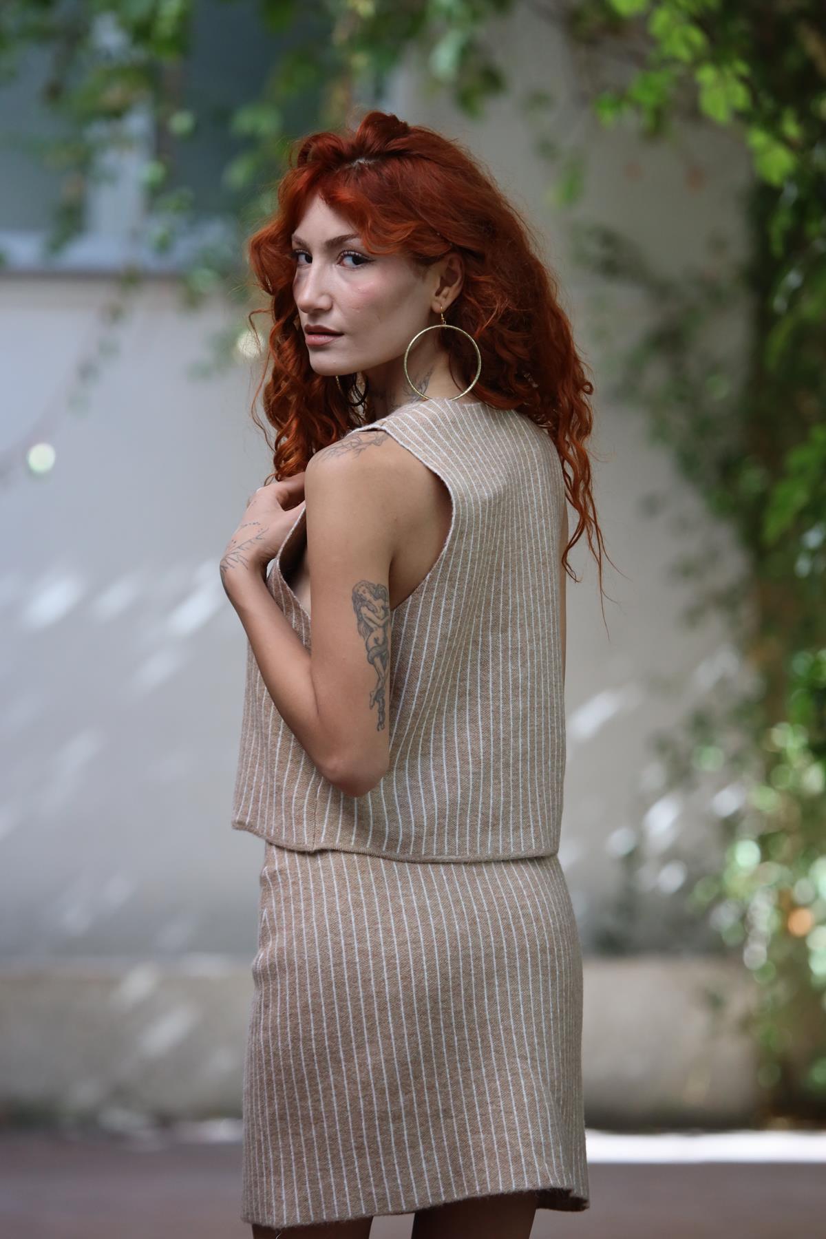 Sütlü Kahve Beli Lastikli Çizgili Çan Etek