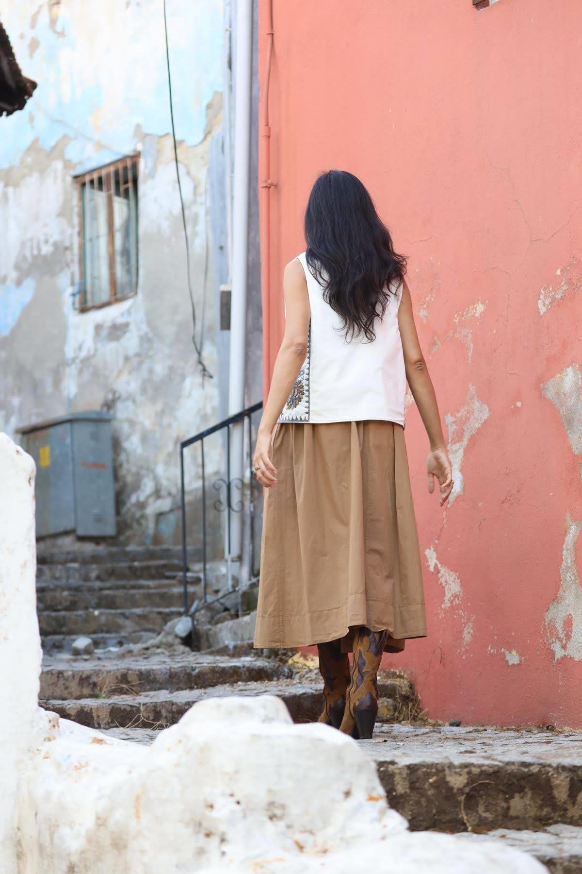 Sütlü Kahve Beli Lastikli Kloş Etek