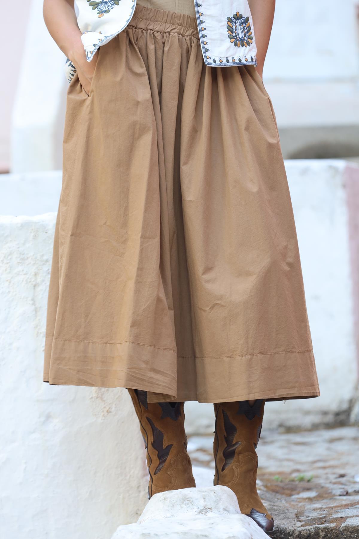 Sütlü Kahve Beli Lastikli Kloş Etek