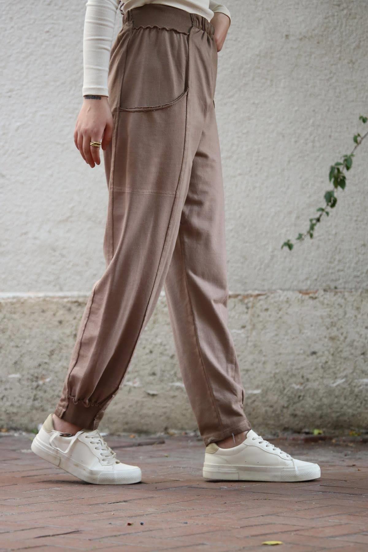 Sütlü Kahve Dizi Çimalı Yağ Yıkama Pantolon