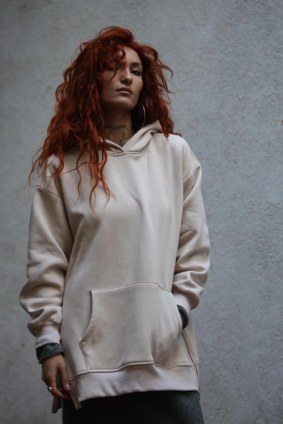 Sütlü Kahve Kapüşonlu Kanguru Cepli Fermuar Detaylı Sweat