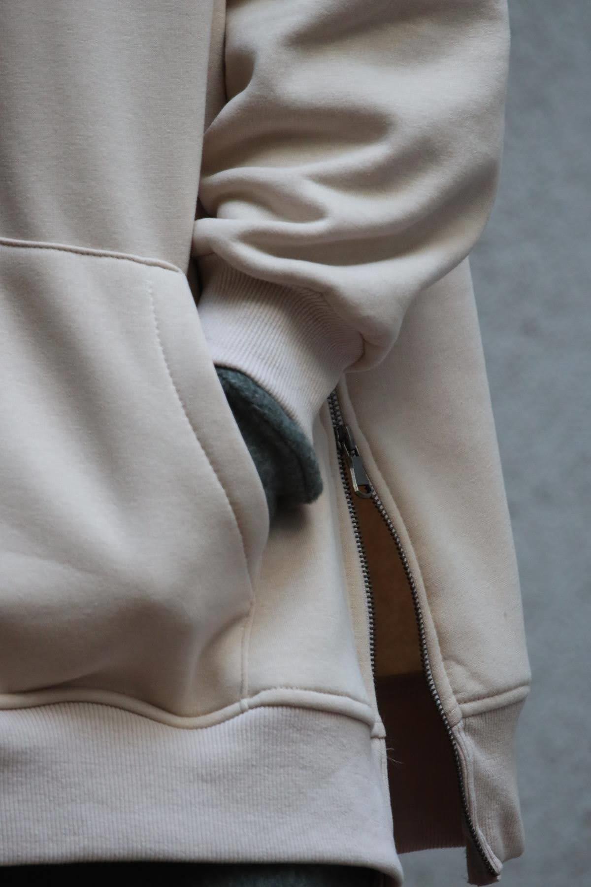 Sütlü Kahve Kapüşonlu Kanguru Cepli Fermuar Detaylı Sweat