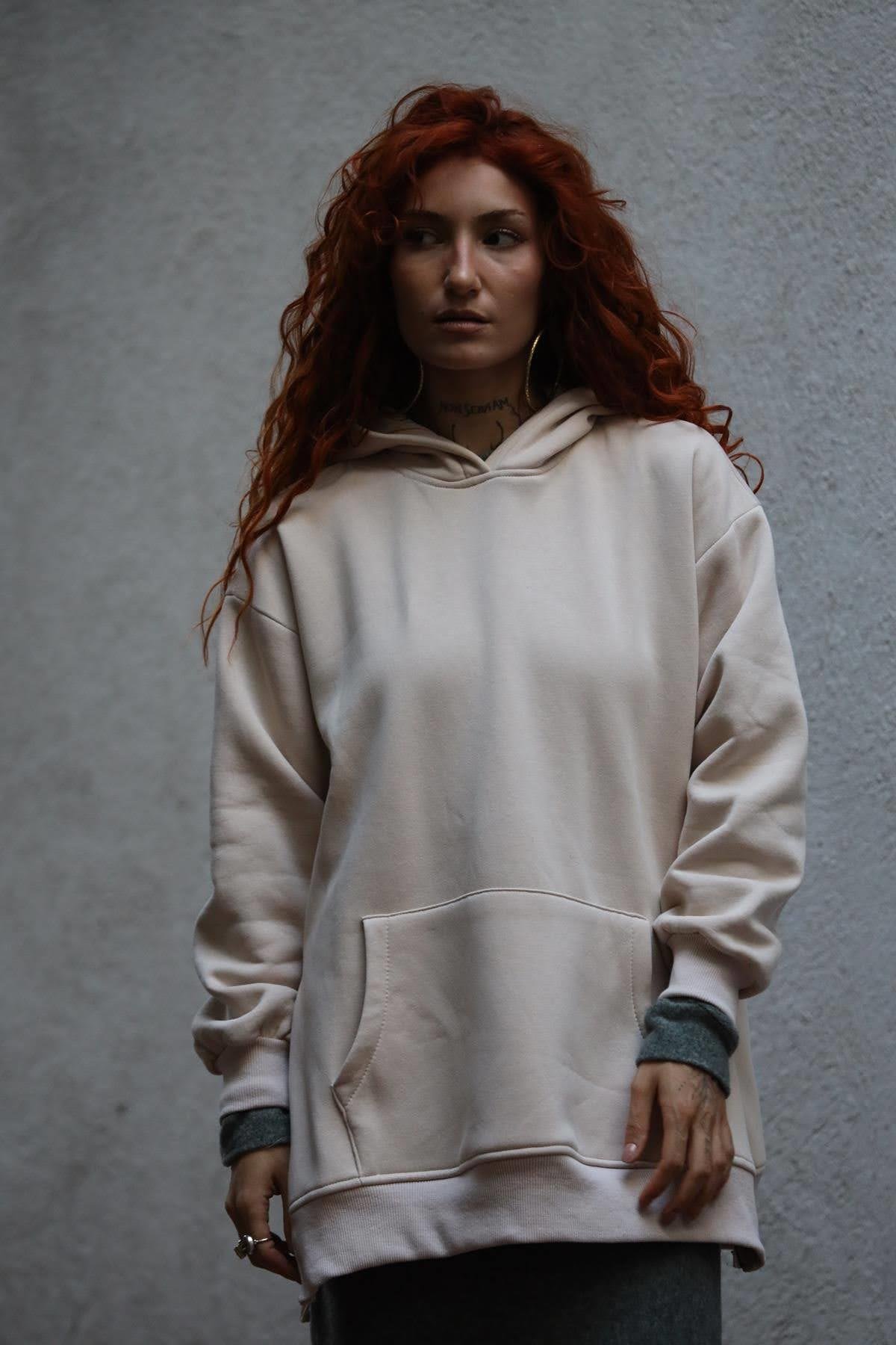 Sütlü Kahve Kapüşonlu Kanguru Cepli Fermuar Detaylı Sweat