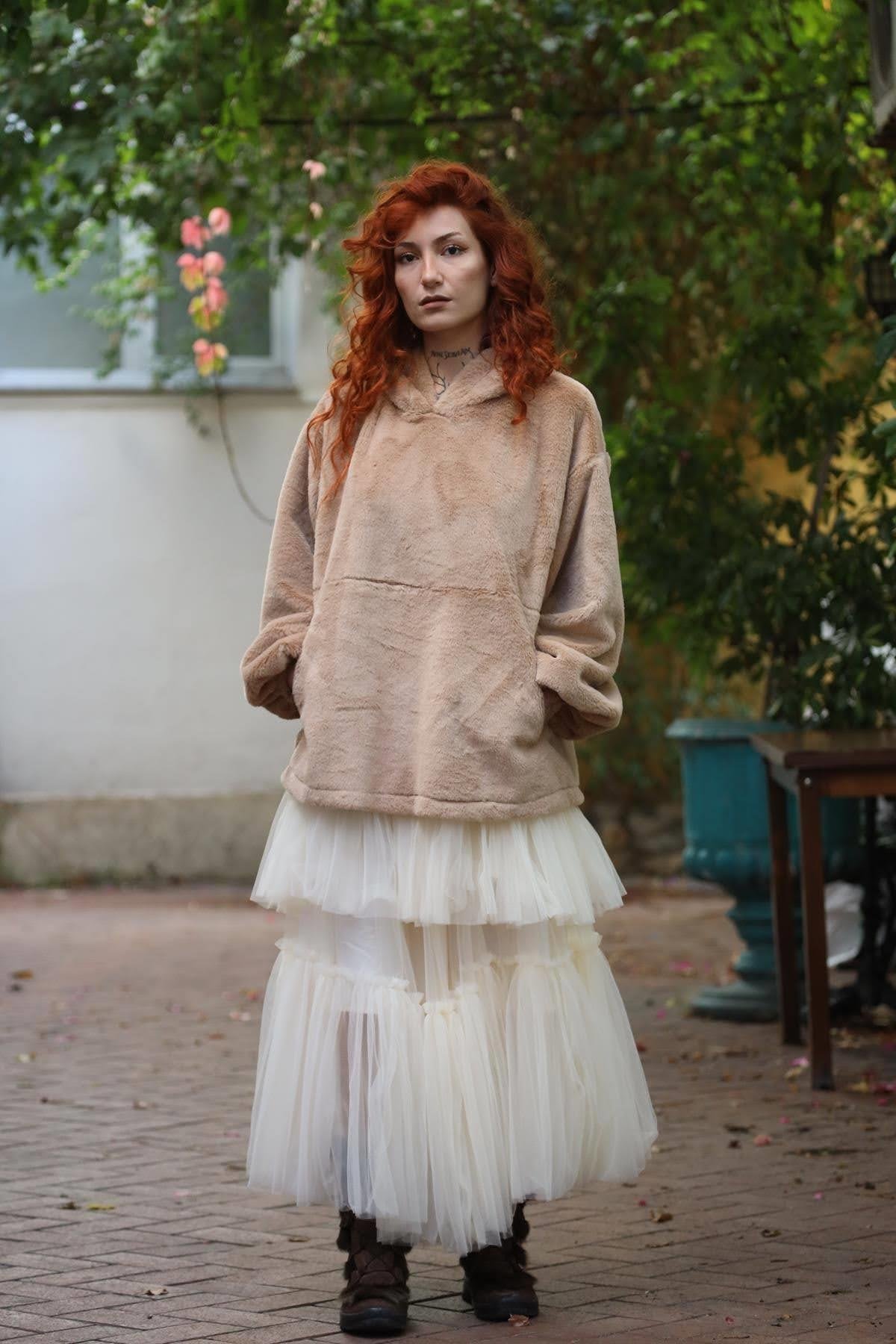 Sütlü Kahve Kapüşonlu Peluş Sweat