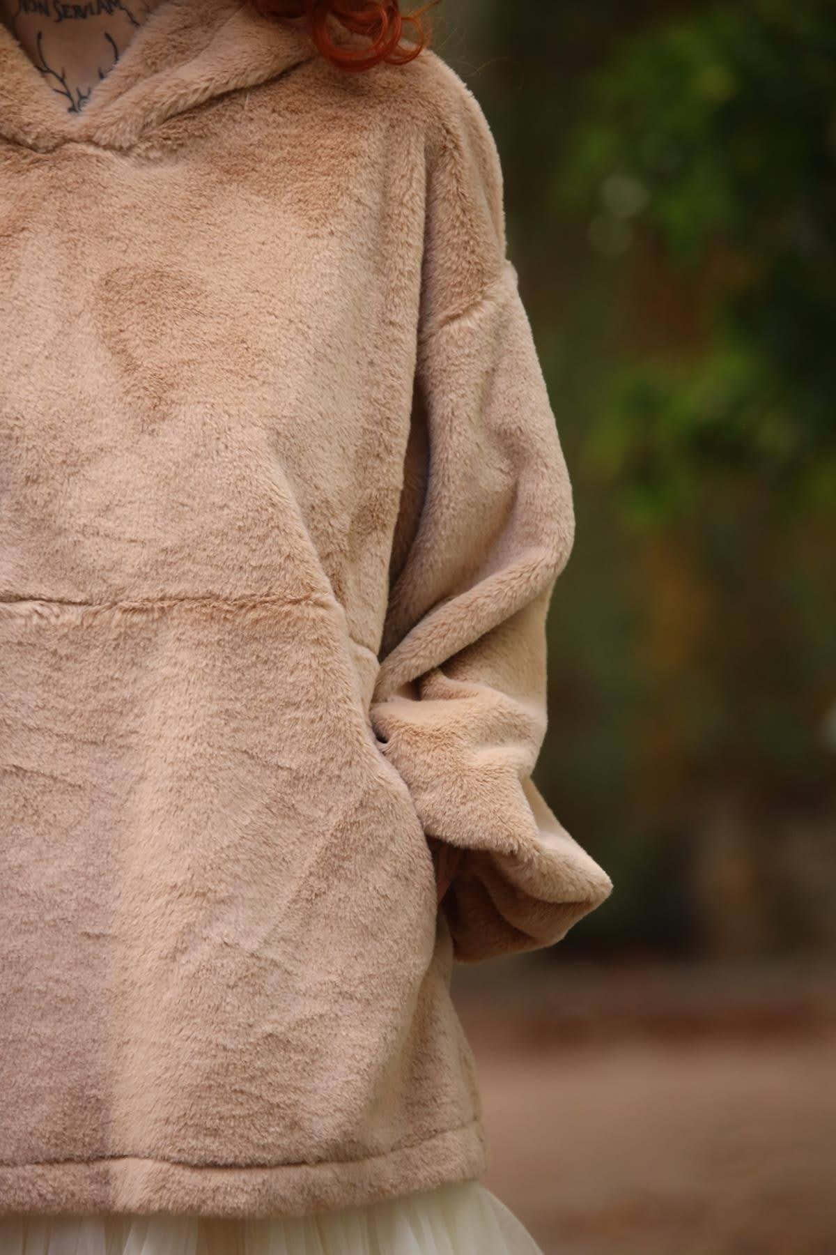 Sütlü Kahve Kapüşonlu Peluş Sweat