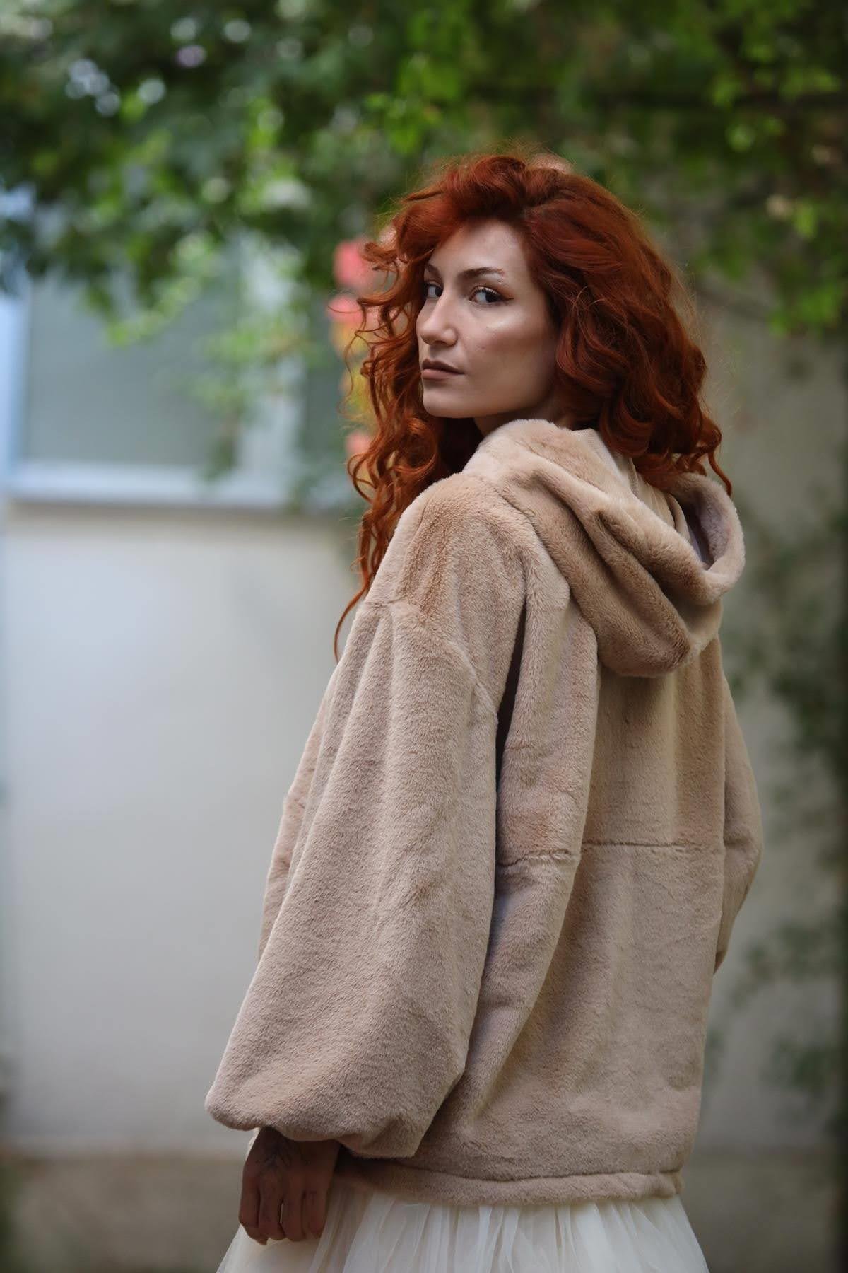 Sütlü Kahve Kapüşonlu Peluş Sweat