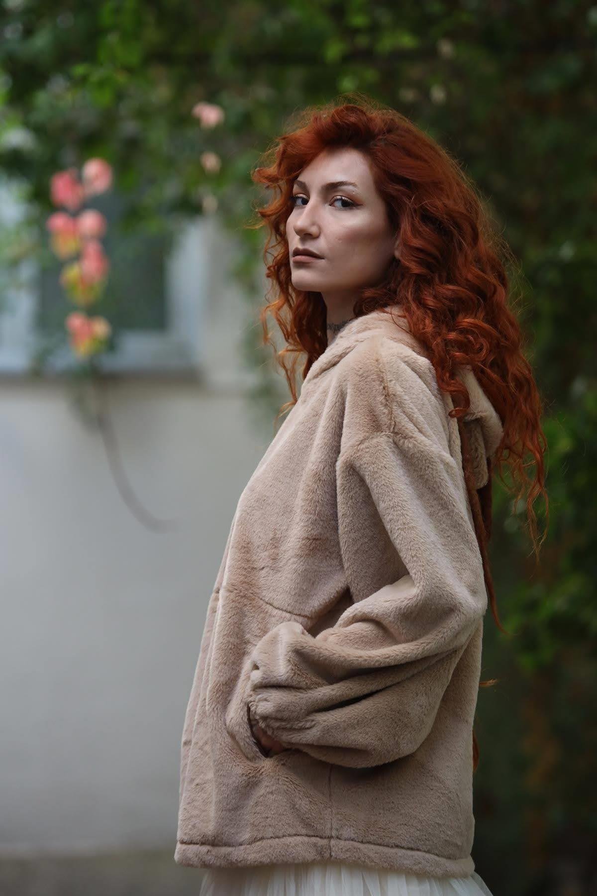 Sütlü Kahve Kapüşonlu Peluş Sweat