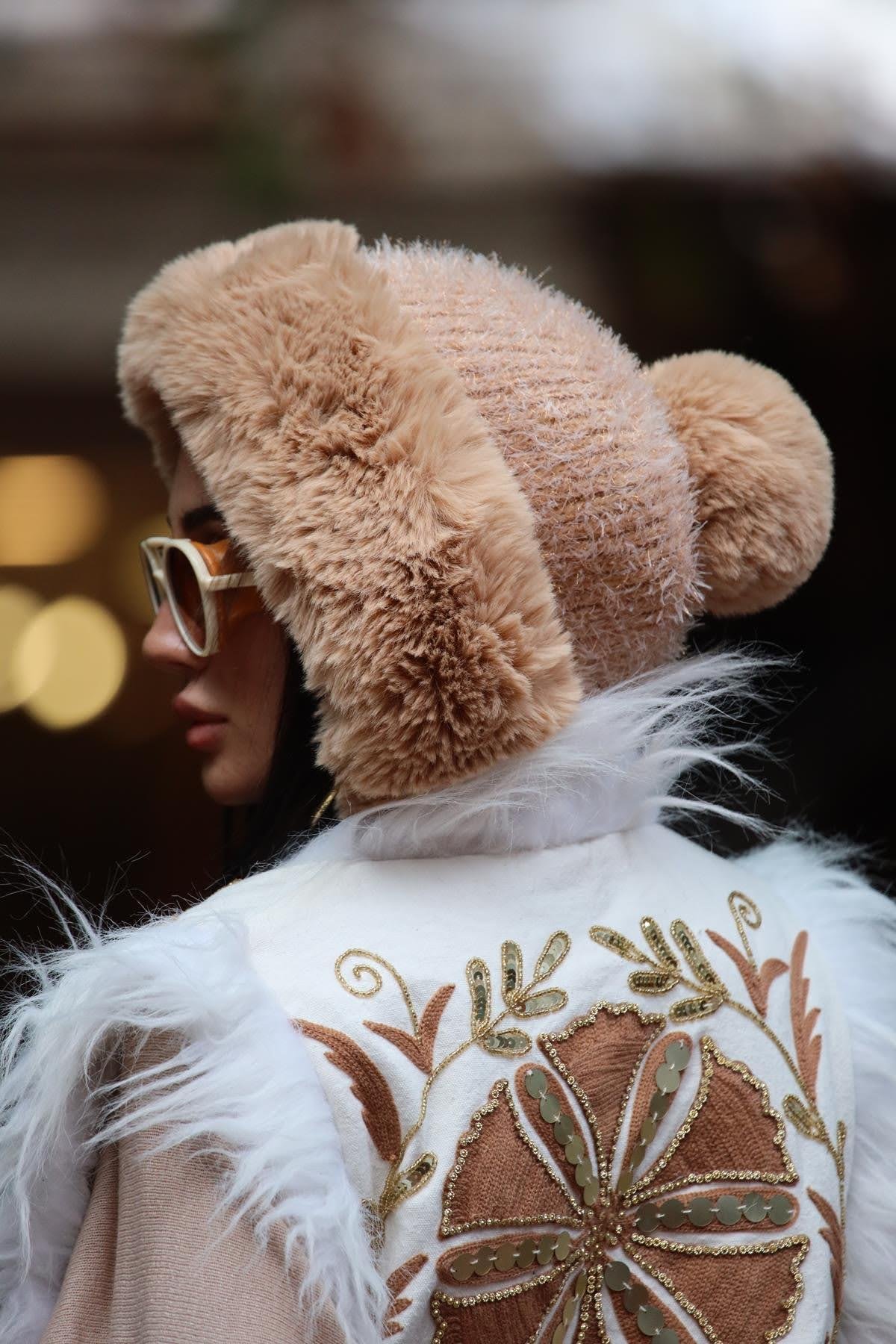 Sütlü Kahve Ponponlu Üzeri Tüylü Kürklü Pilot Şapka