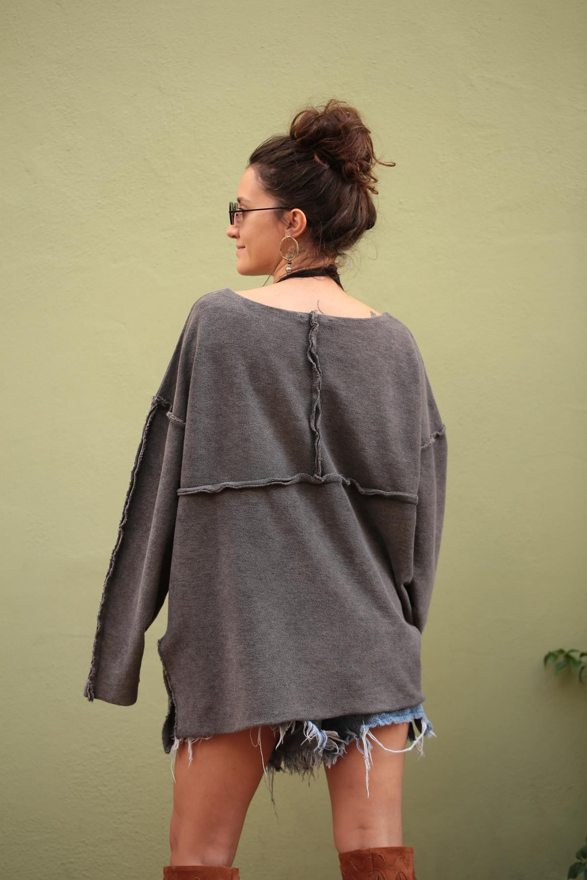  Antrasit Dikiş Detaylı Yırtmaçlı Ters Sweat