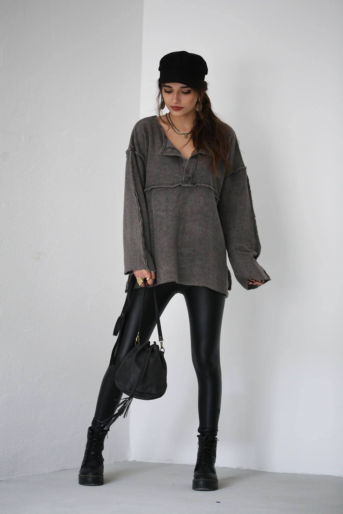  Antrasit Dikiş Detaylı Yırtmaçlı Ters Sweat