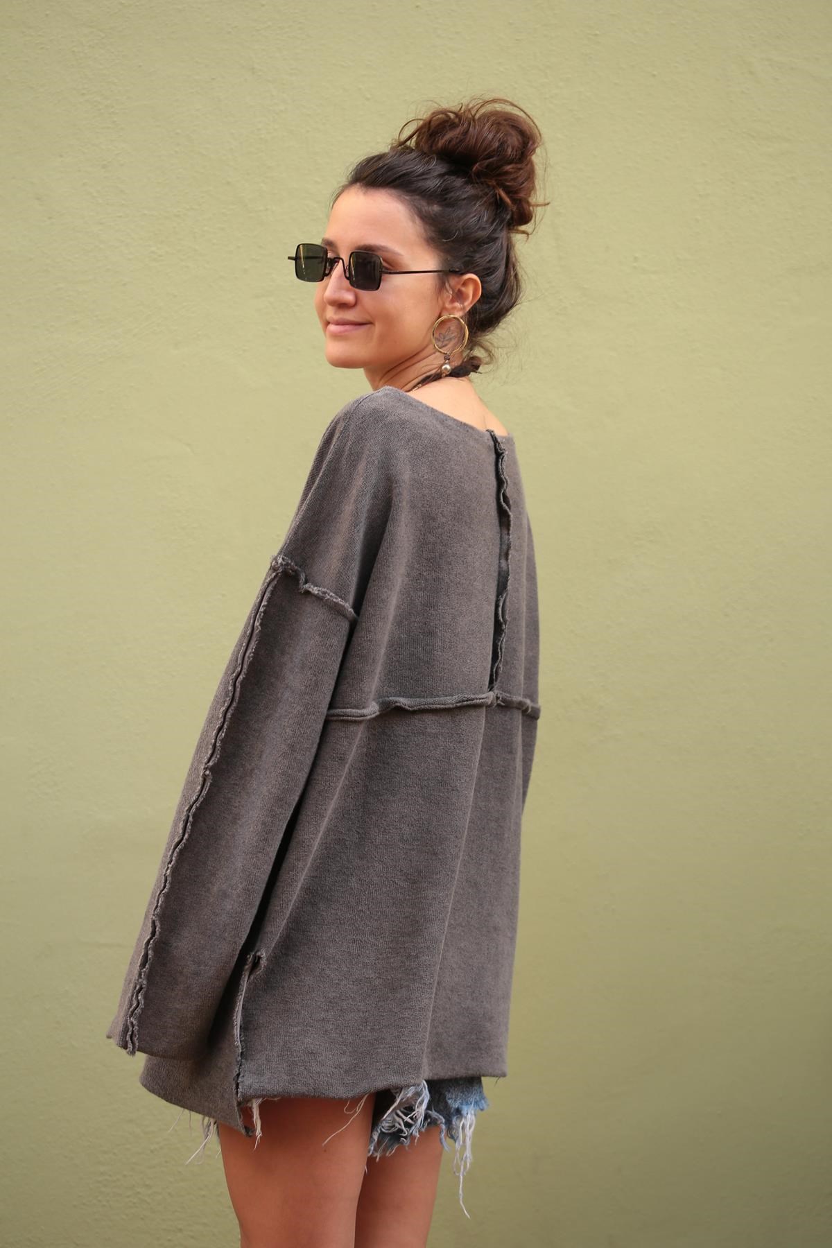  Antrasit Dikiş Detaylı Yırtmaçlı Ters Sweat