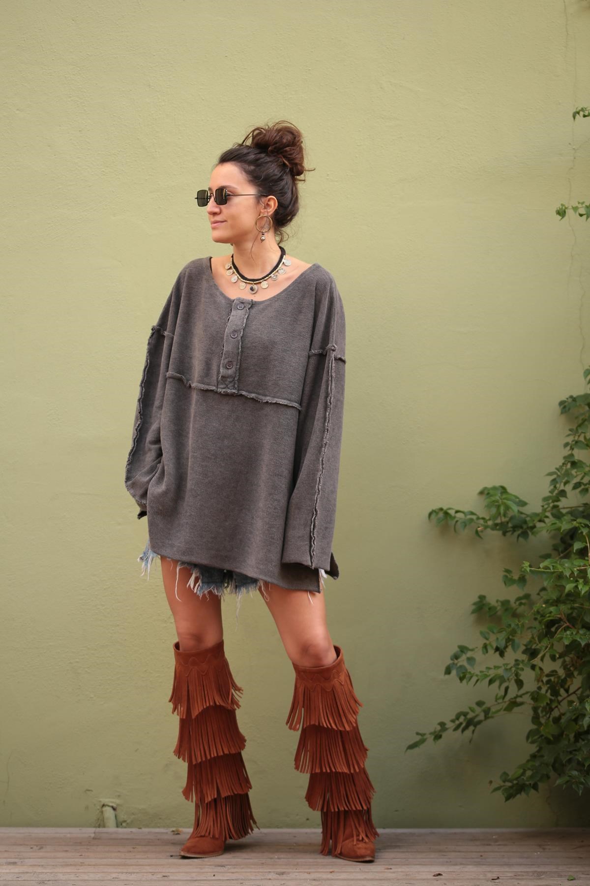  Antrasit Dikiş Detaylı Yırtmaçlı Ters Sweat