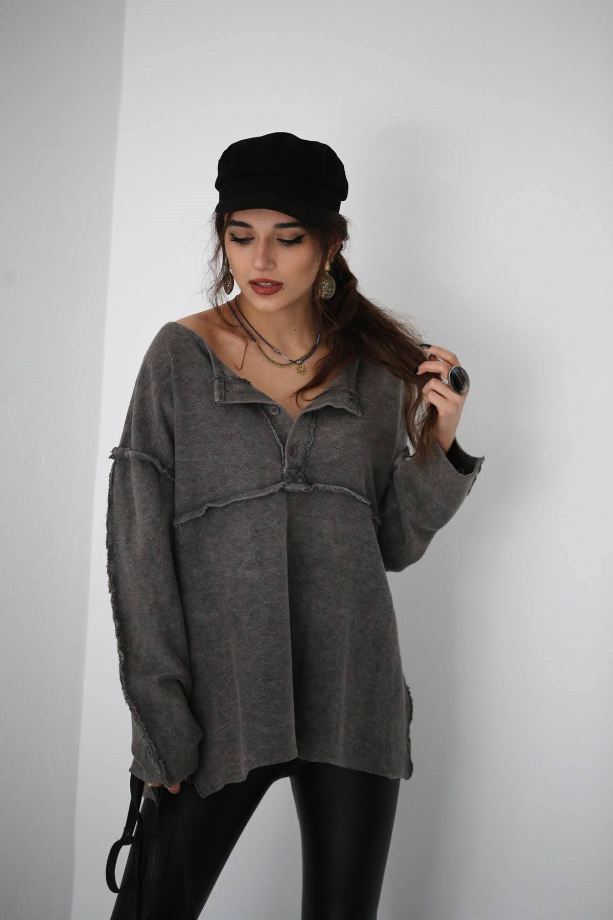  Antrasit Dikiş Detaylı Yırtmaçlı Ters Sweat
