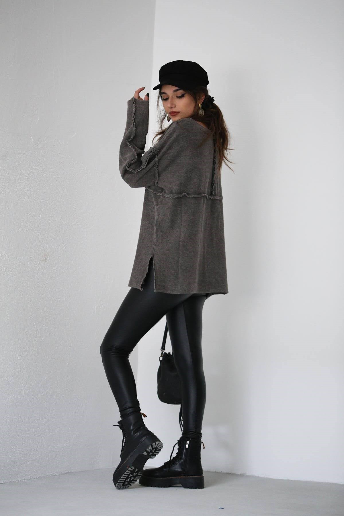  Antrasit Dikiş Detaylı Yırtmaçlı Ters Sweat