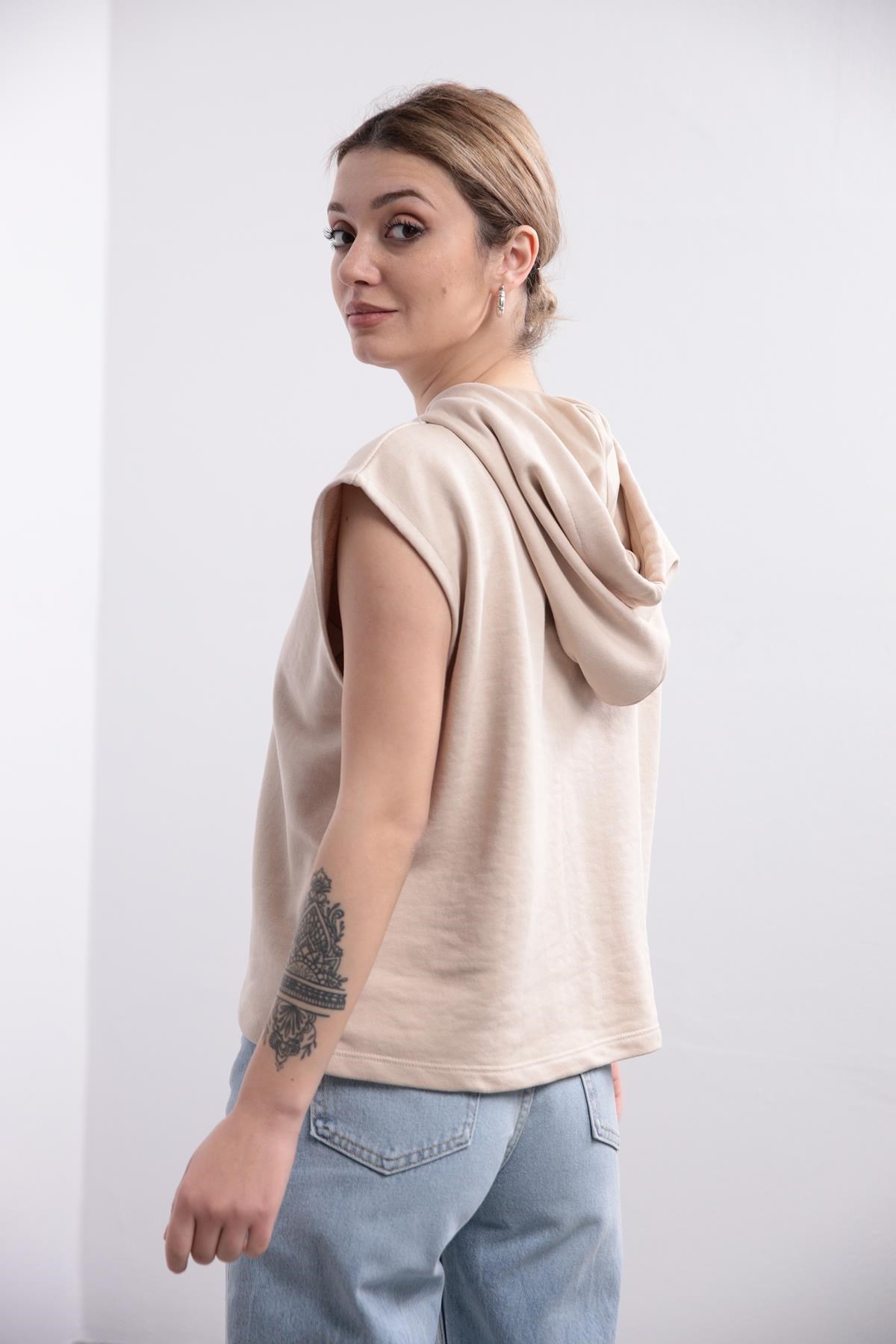  Bej Kapüşonlu Kolsuz Sweatshirt