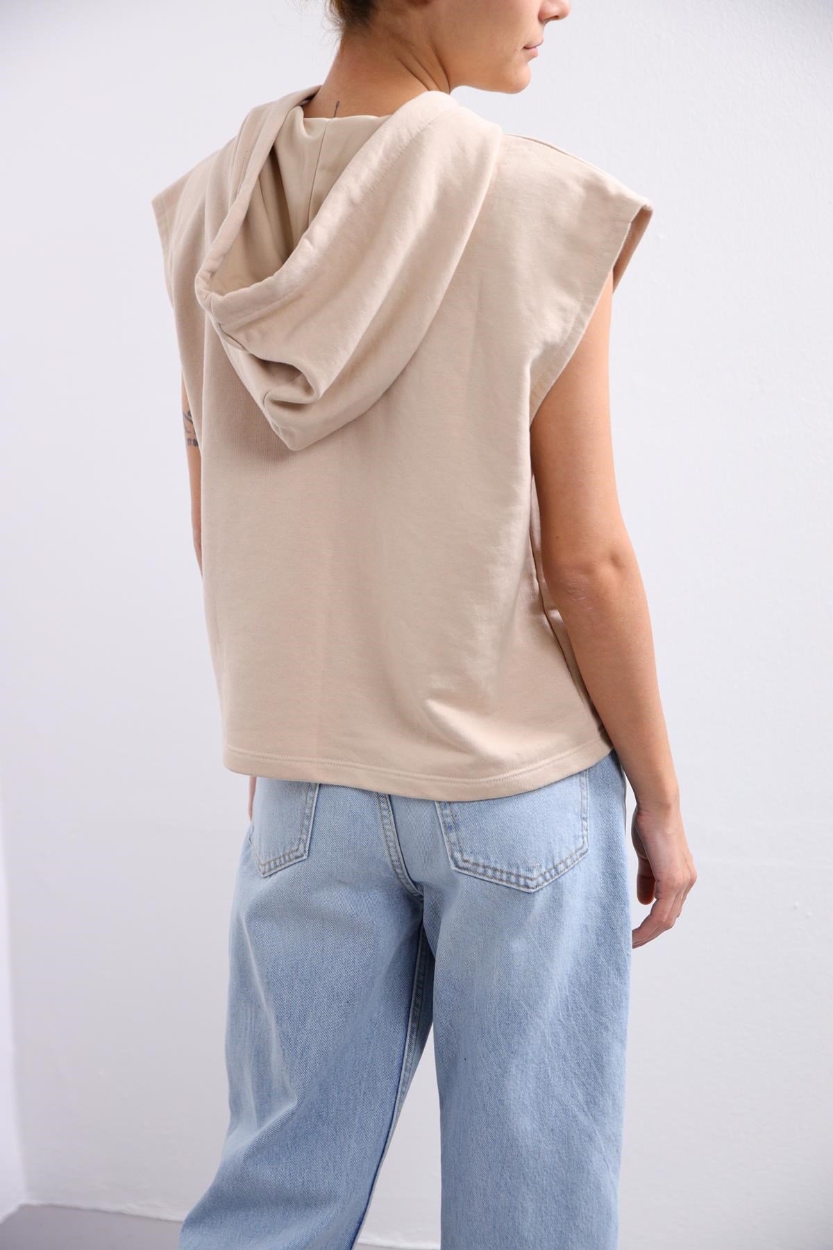  Bej Kapüşonlu Kolsuz Sweatshirt