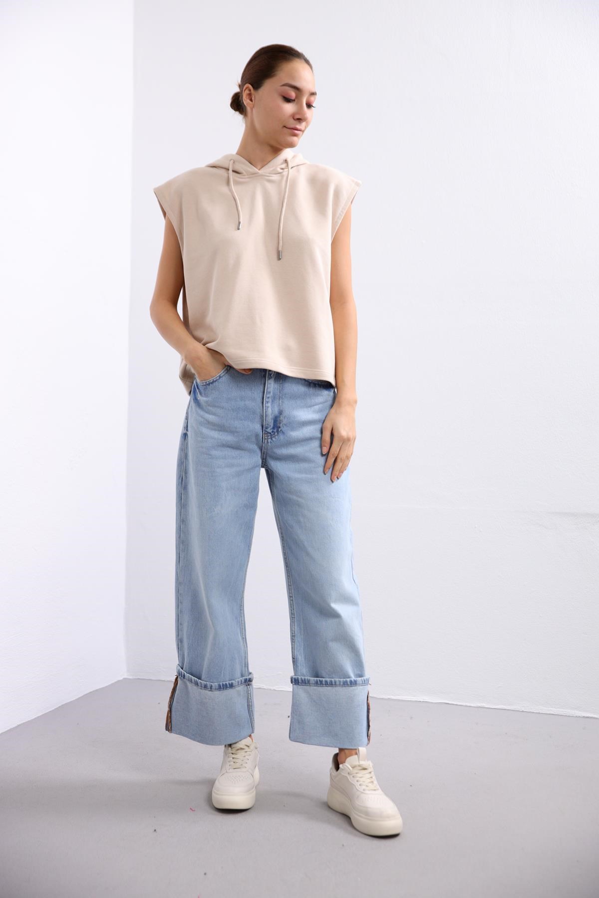  Bej Kapüşonlu Kolsuz Sweatshirt