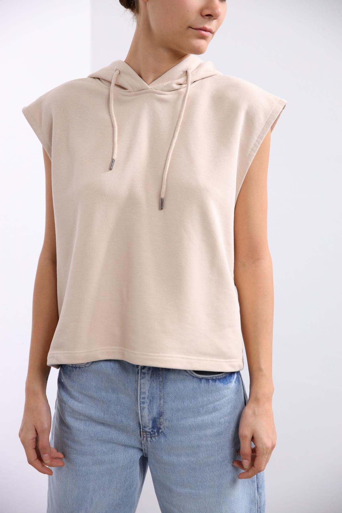  Bej Kapüşonlu Kolsuz Sweatshirt