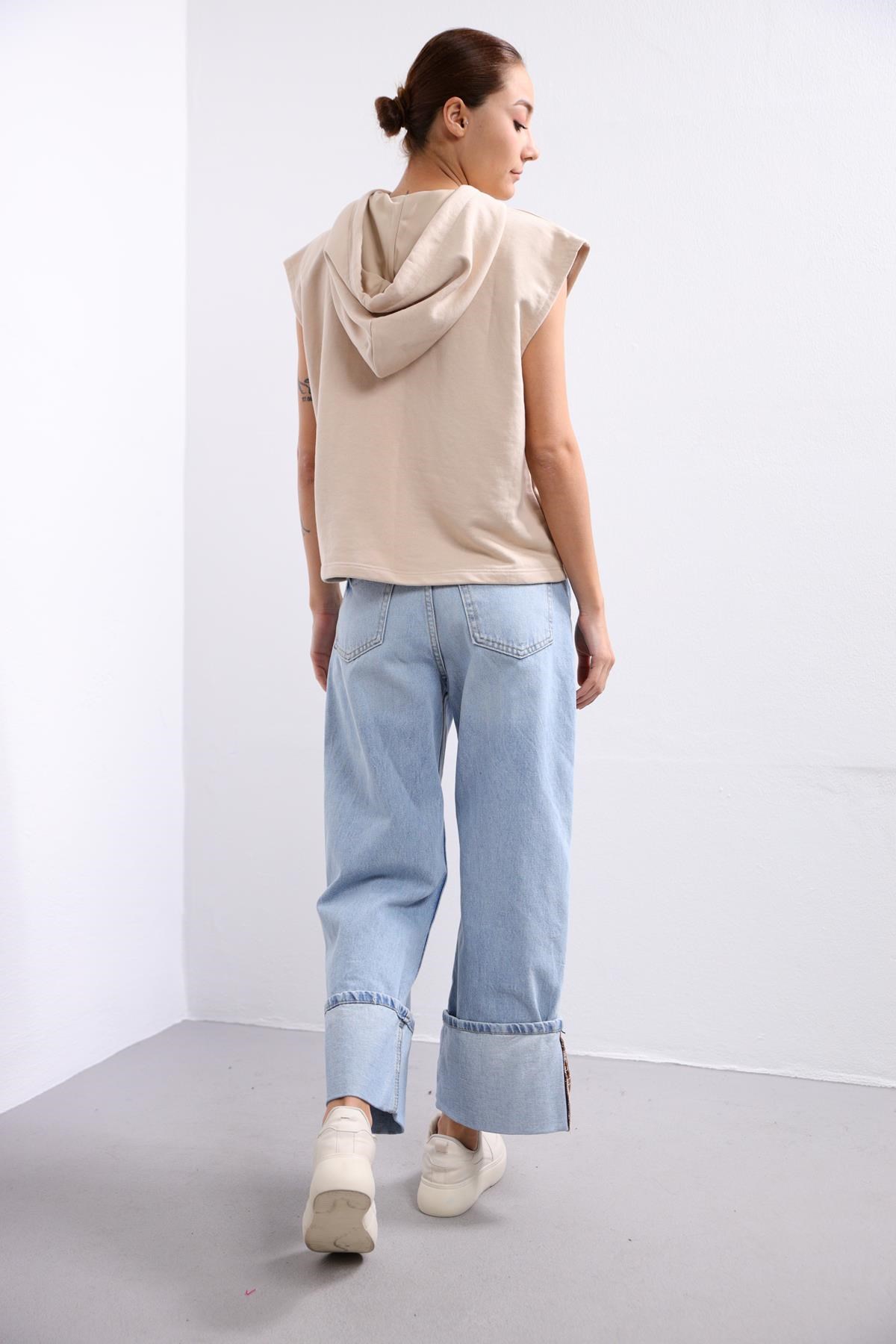  Bej Kapüşonlu Kolsuz Sweatshirt