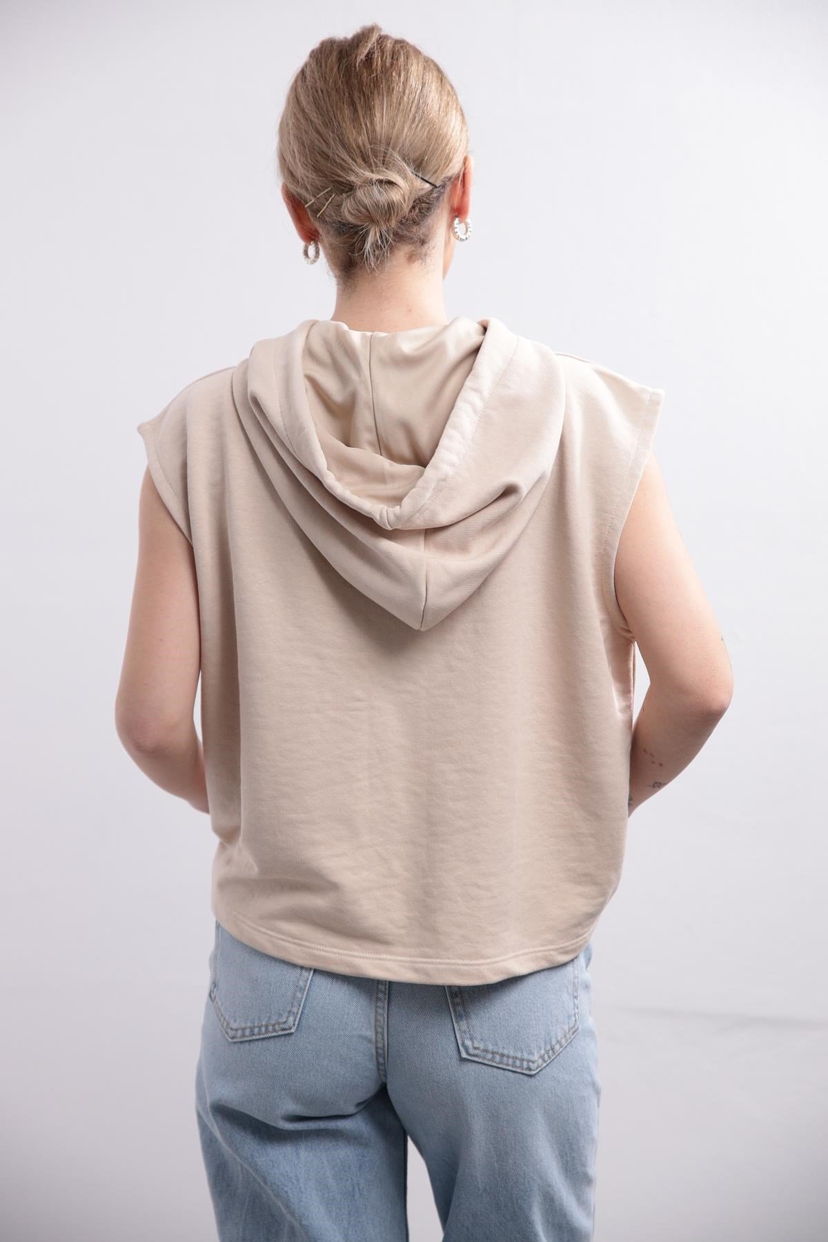  Bej Kapüşonlu Kolsuz Sweatshirt