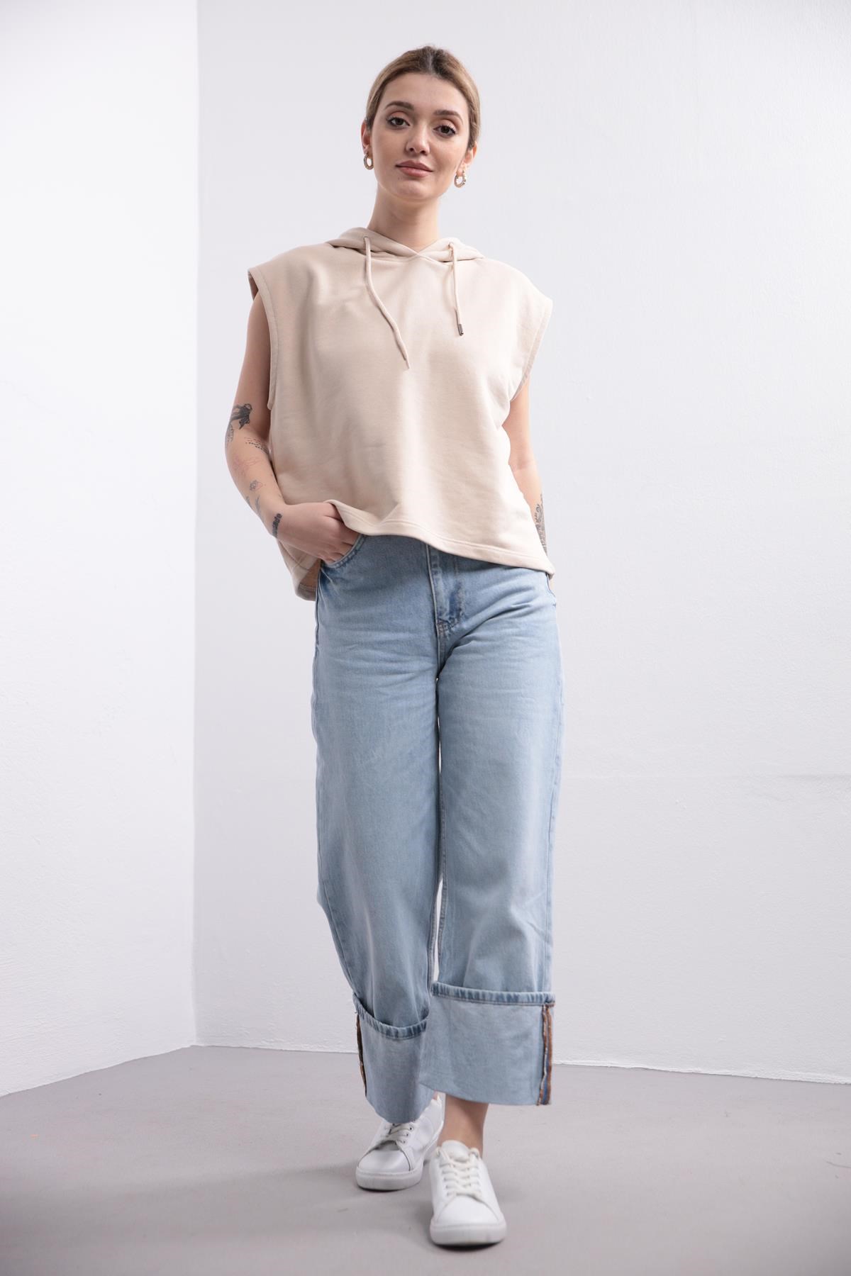  Bej Kapüşonlu Kolsuz Sweatshirt