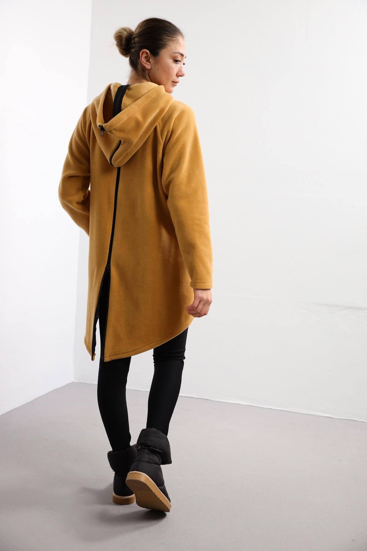 Back Zipper Detail Fleece Hoodie - Saman Butik | Shop Online Camel Back Zipper Detail Fleece Hoodie