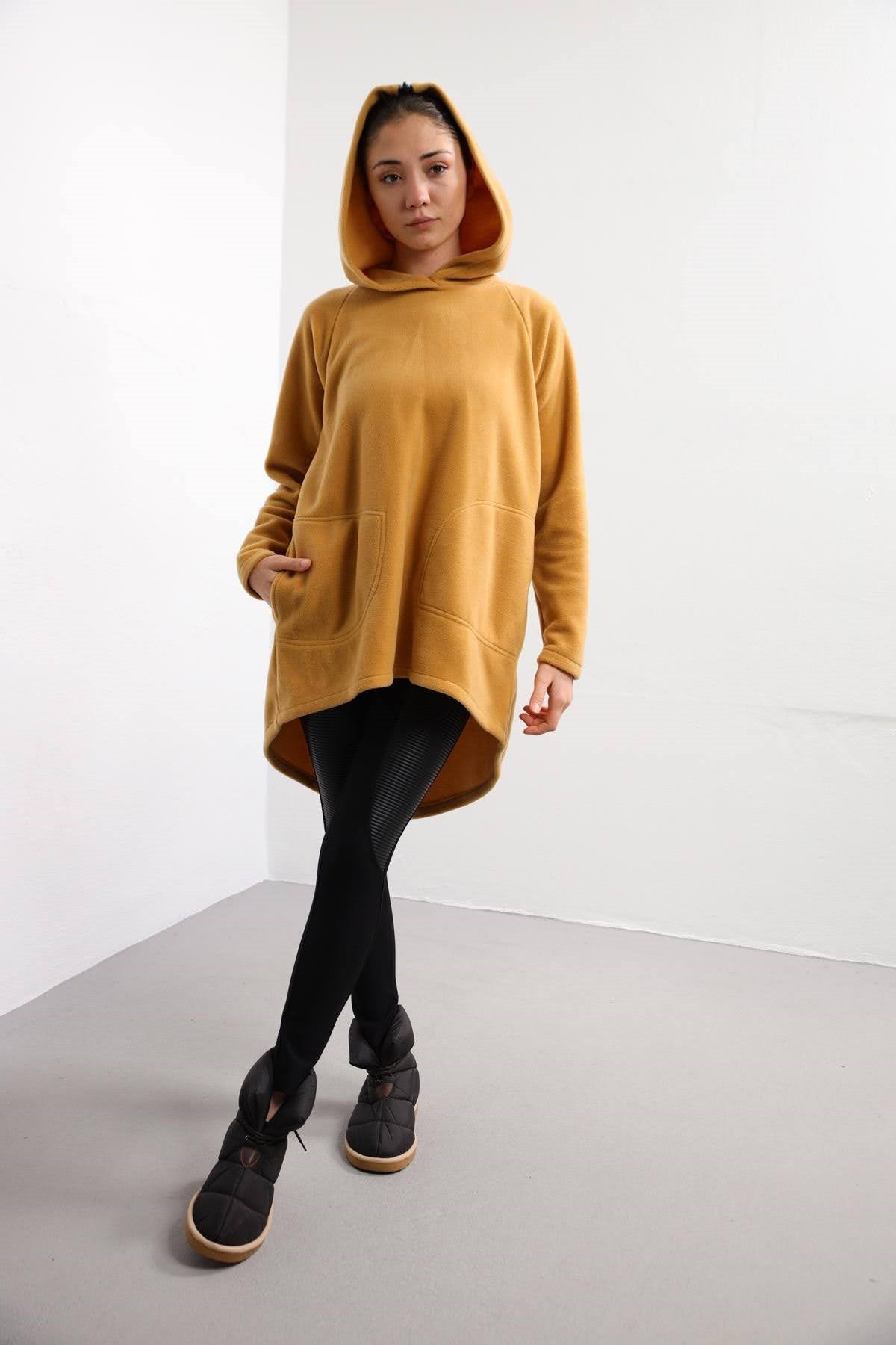 Back Zipper Detail Fleece Hoodie - Saman Butik | Shop Online Camel Back Zipper Detail Fleece Hoodie