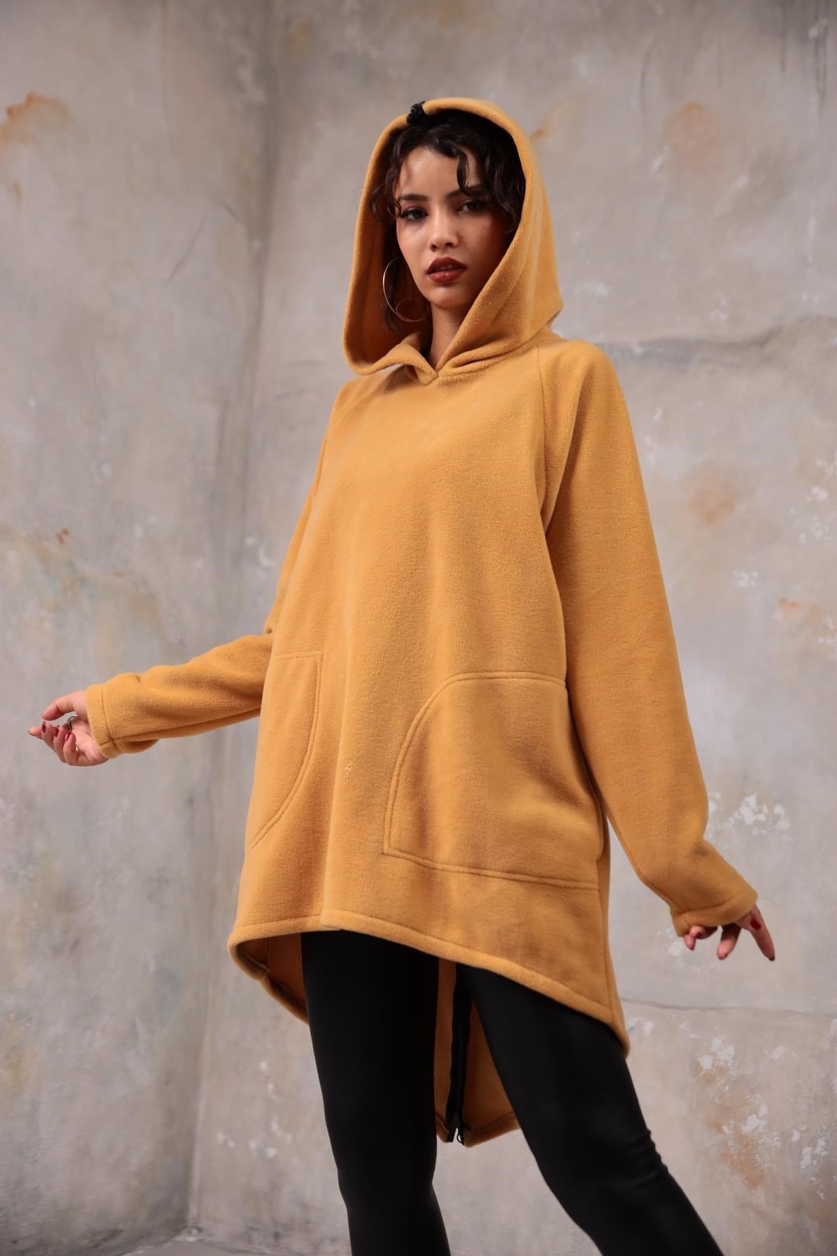 Back Zipper Detail Fleece Hoodie - Saman Butik | Shop Online Camel Back Zipper Detail Fleece Hoodie