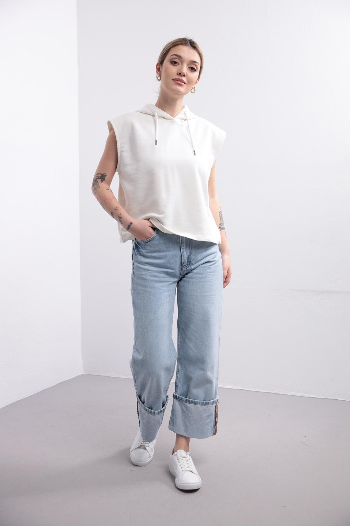  Ekru Kapüşonlu Kolsuz Sweatshirt