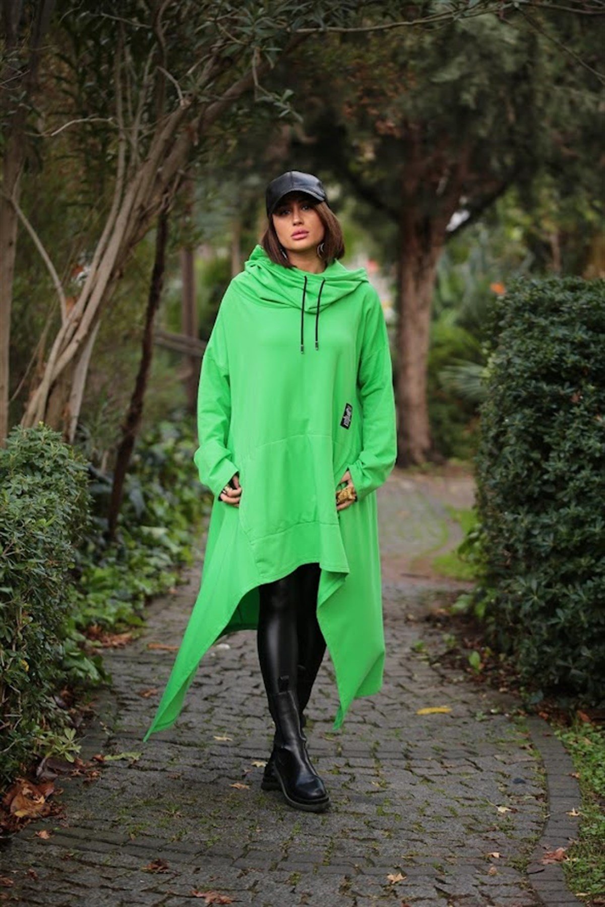  Fıstık Yeşil Asimetrik Kesim Boğazlı Panço Sweat