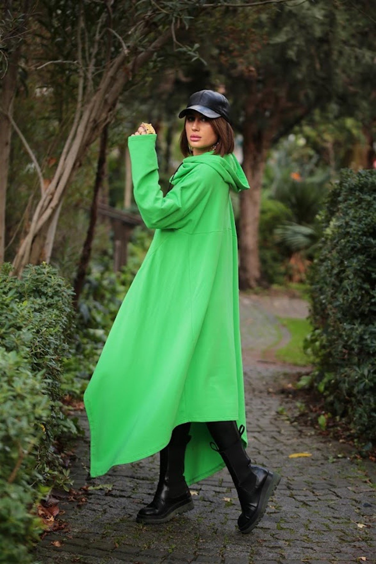  Fıstık Yeşil Asimetrik Kesim Boğazlı Panço Sweat