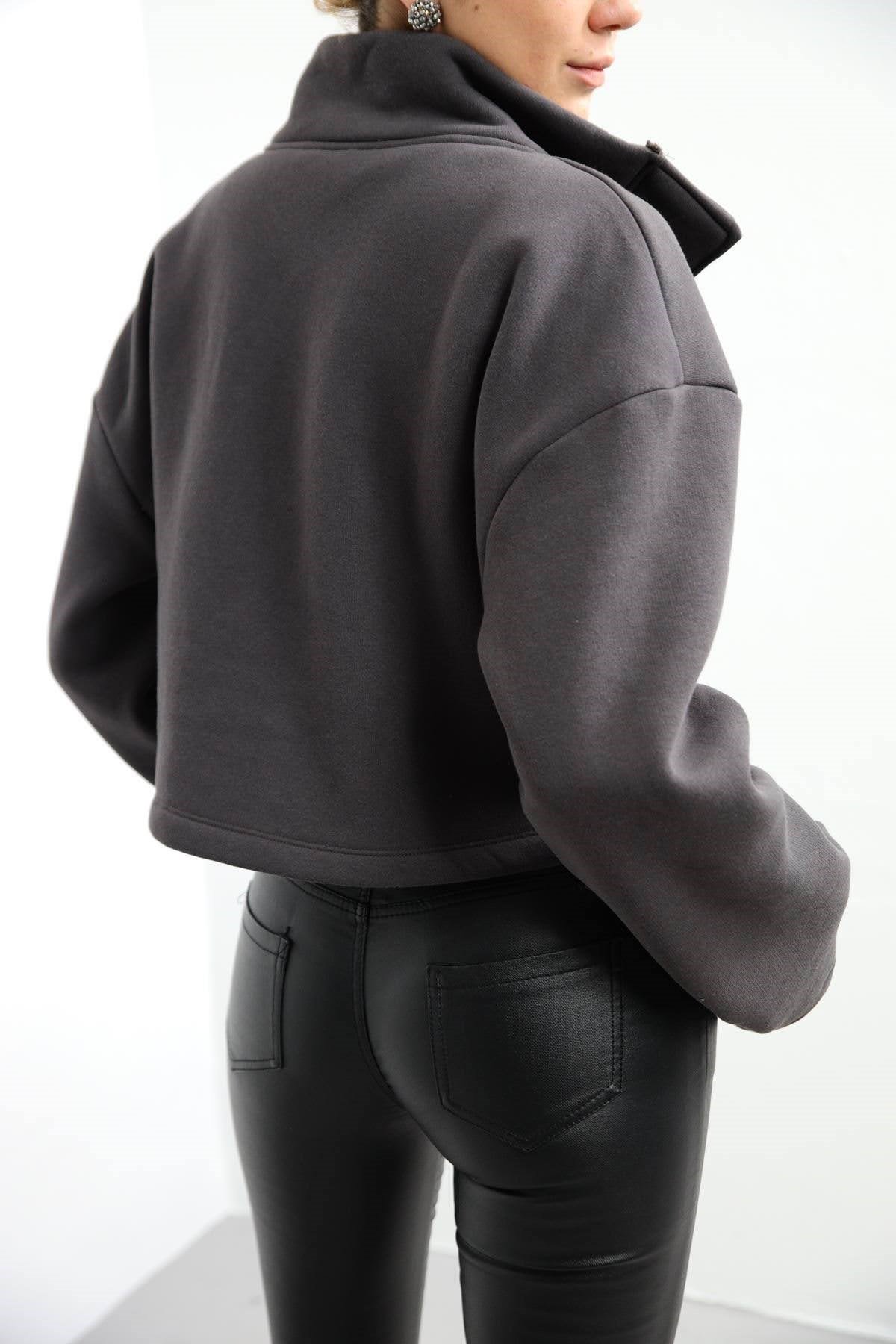  Füme Çıt Çıtlı Crop Sweat