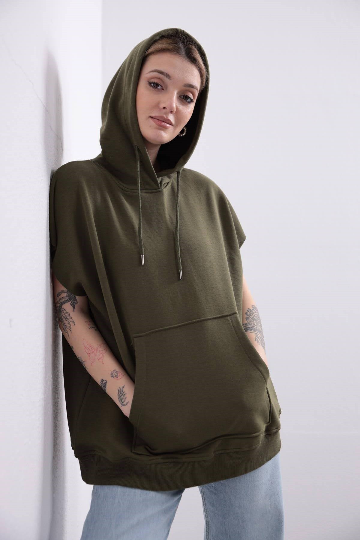  Haki Kapüşonlu Önden Cepli Sweat