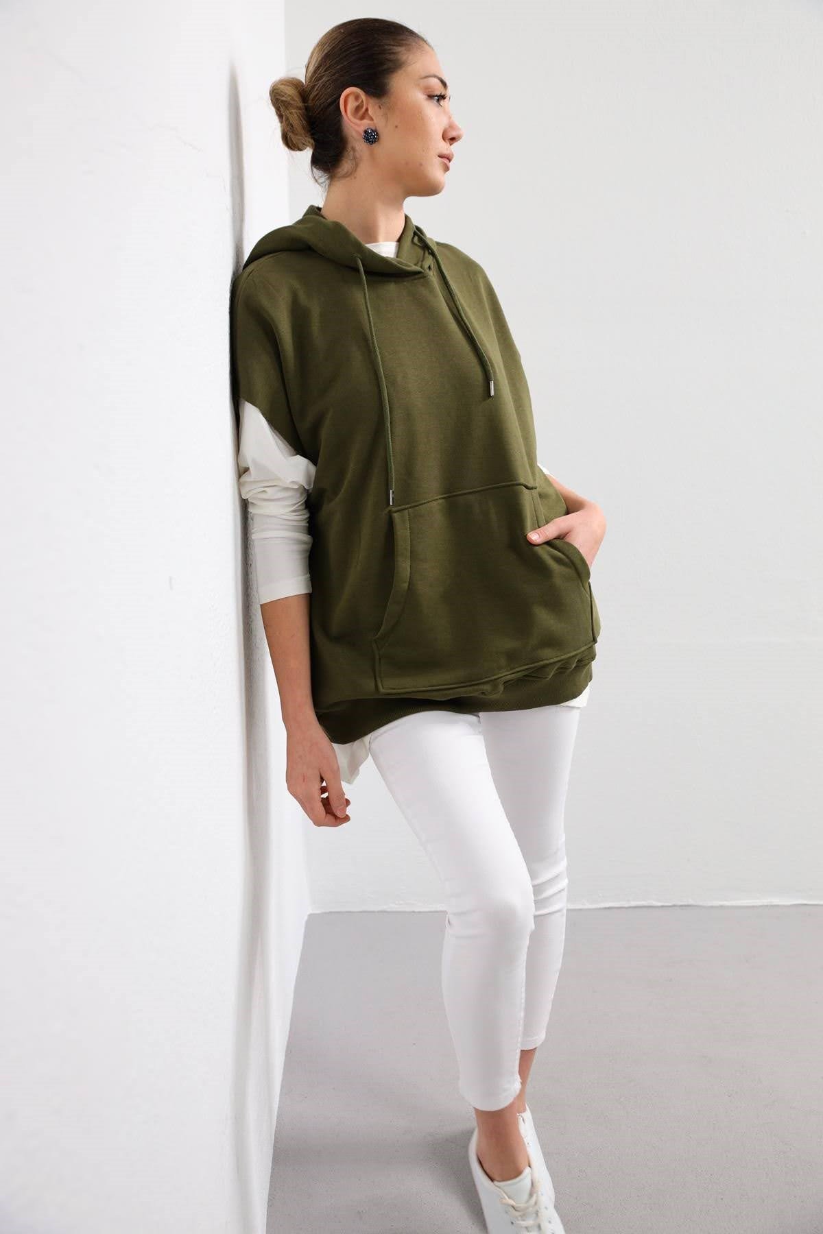  Haki Kapüşonlu Önden Cepli Sweat