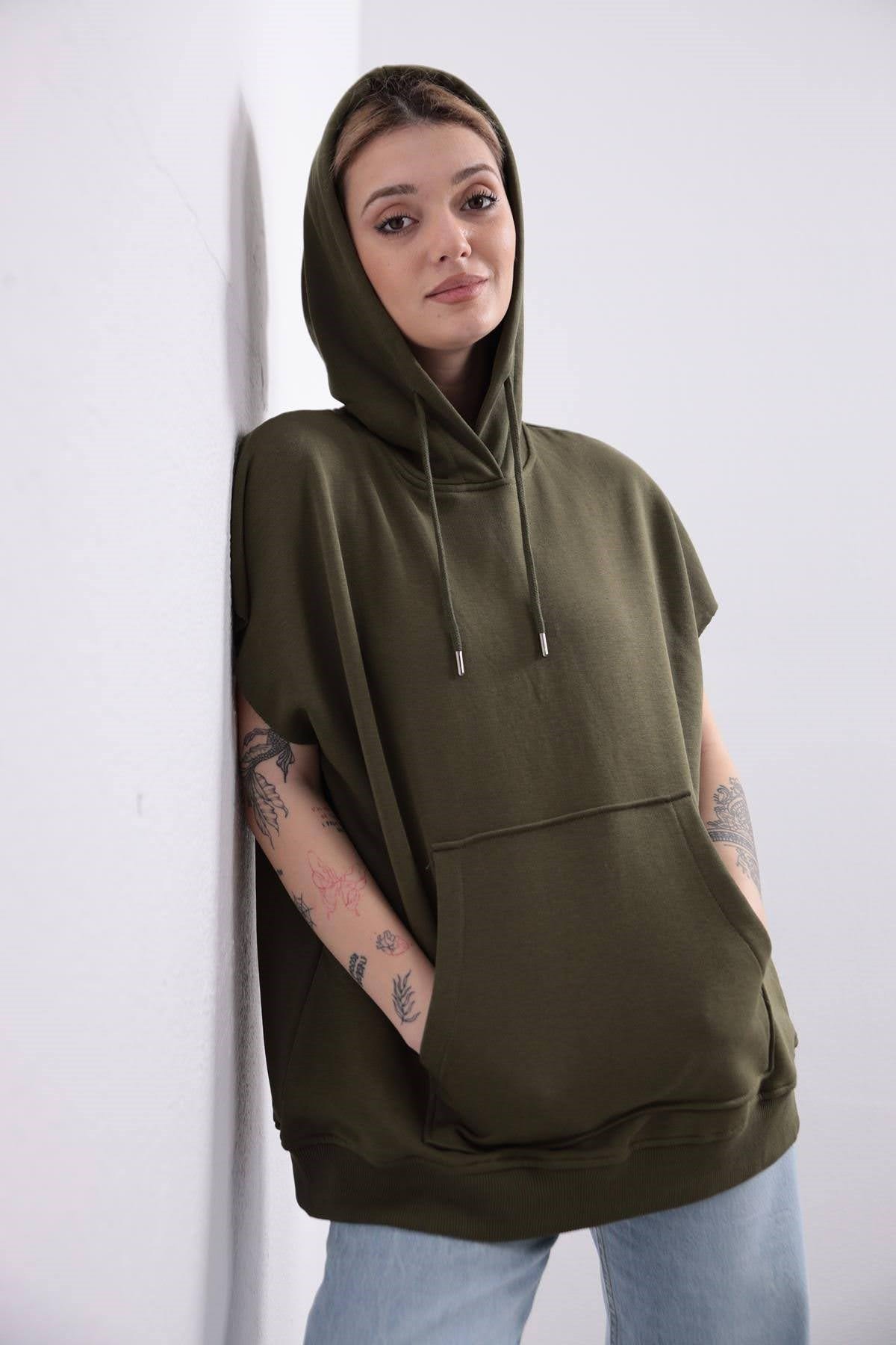  Haki Kapüşonlu Önden Cepli Sweat