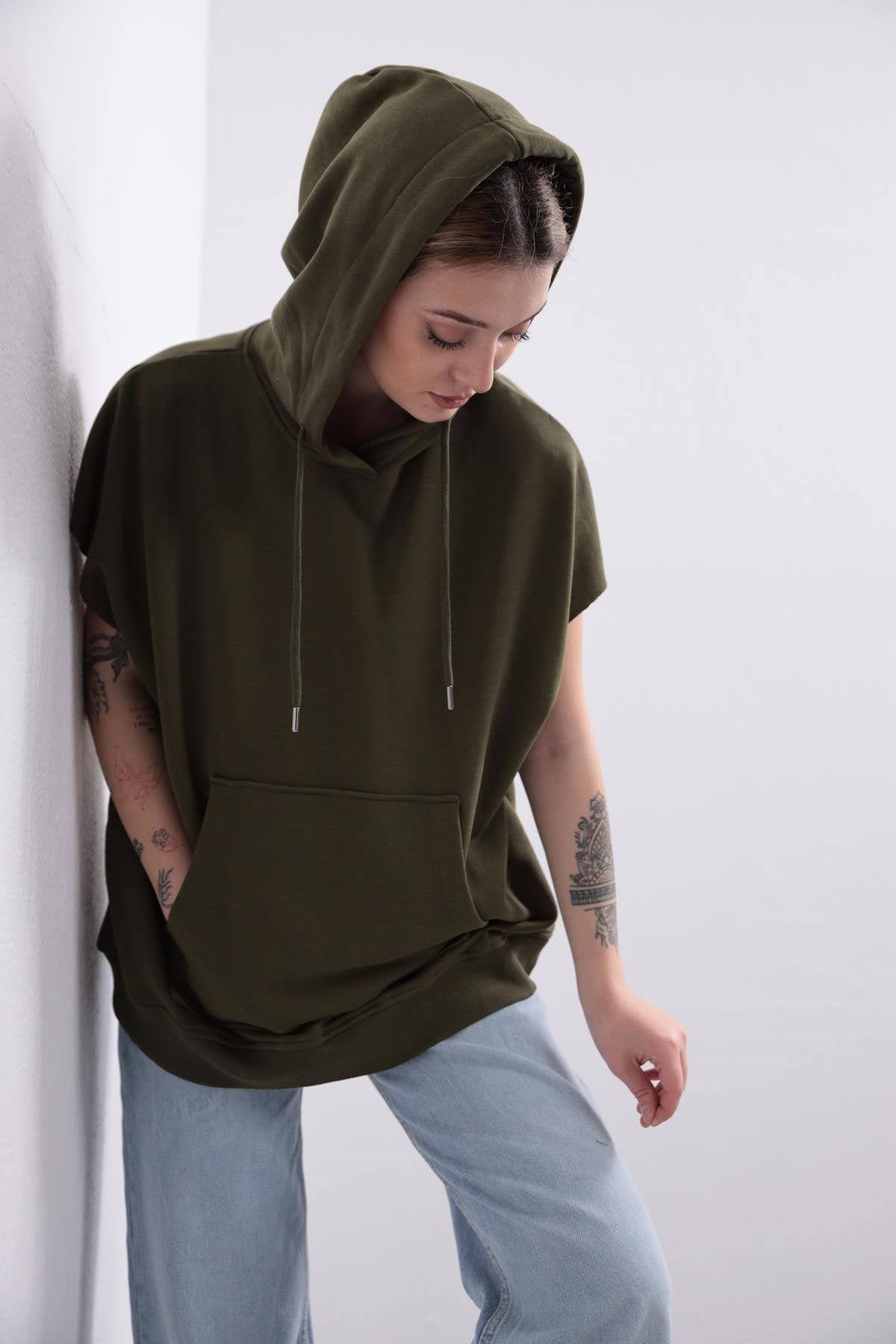  Haki Kapüşonlu Önden Cepli Sweat