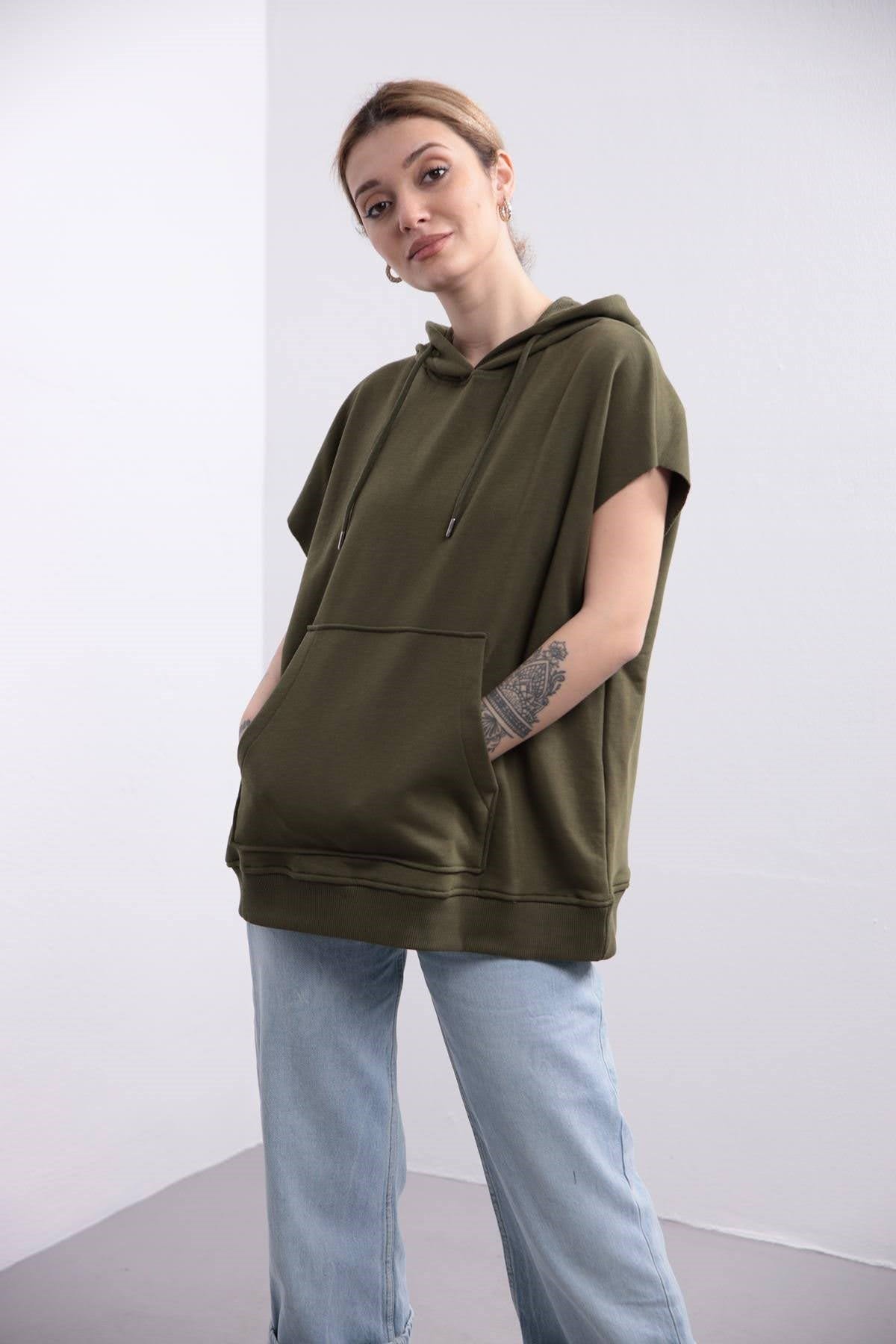  Haki Kapüşonlu Önden Cepli Sweat