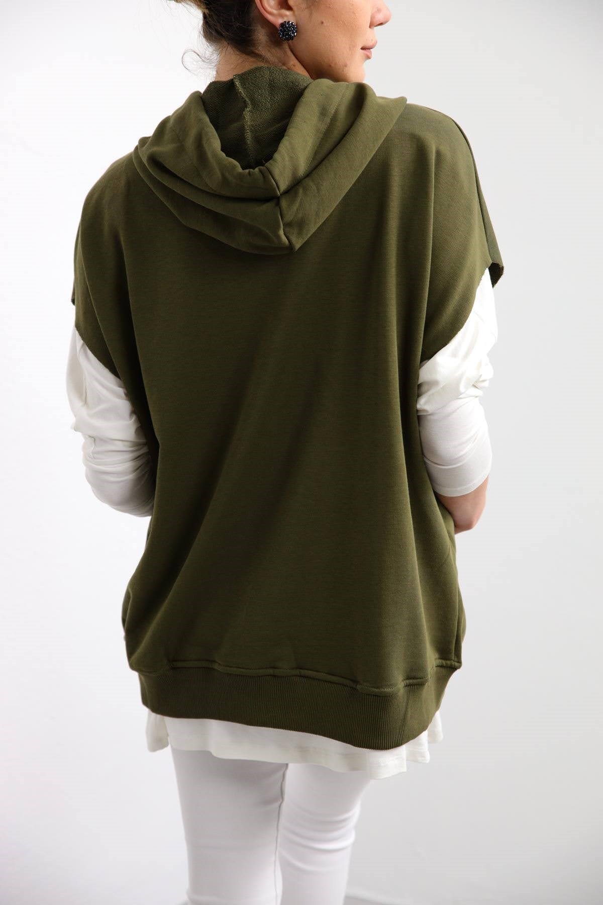  Haki Kapüşonlu Önden Cepli Sweat