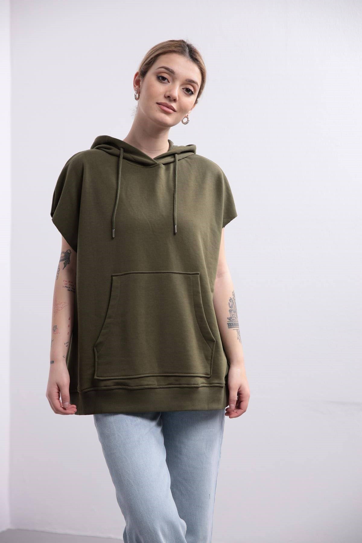  Haki Kapüşonlu Önden Cepli Sweat