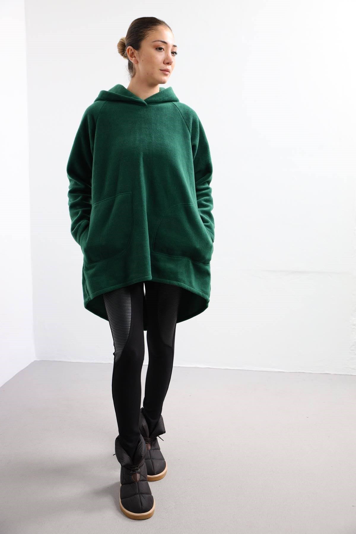 Dark Green Back Zipper Detail Fleece Hoodie - Saman Butik | Shop Online Dark Green Back Zipper Detail Fleece Hoodie