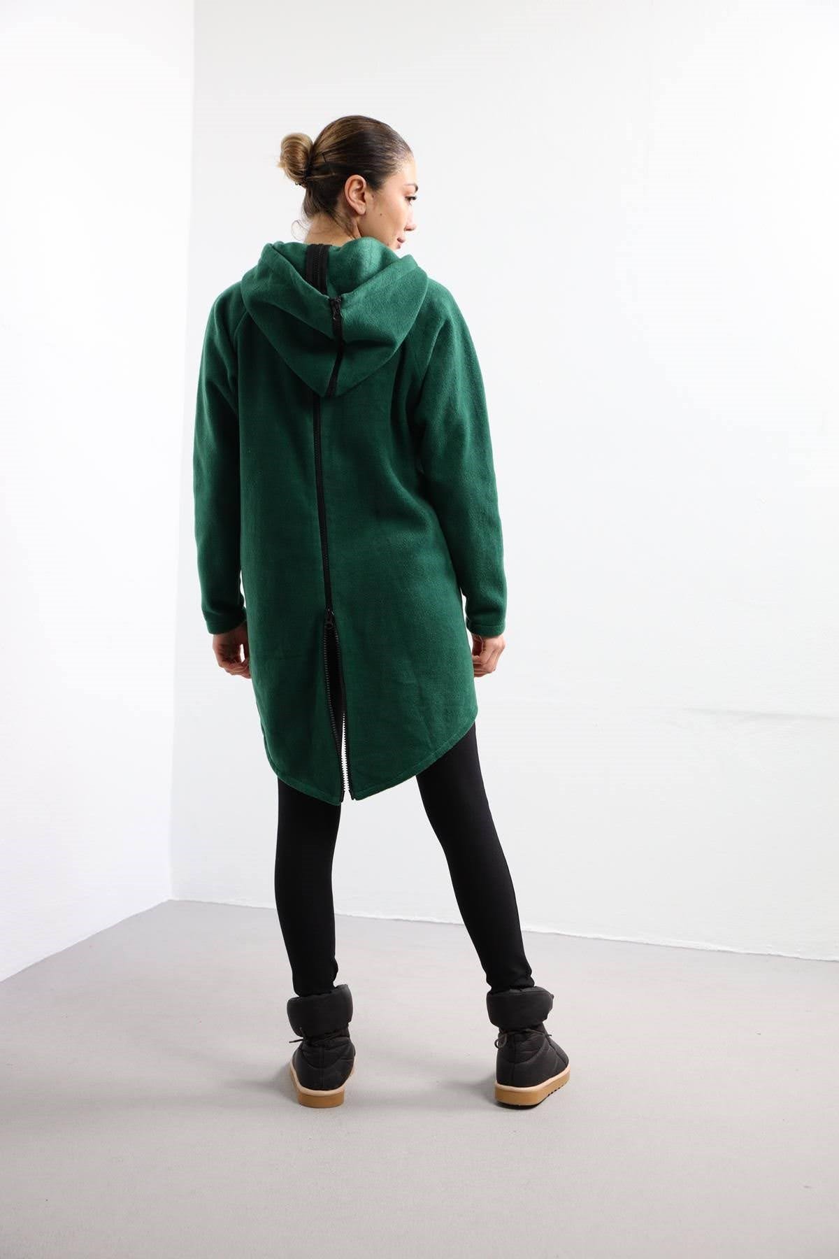 Dark Green Back Zipper Detail Fleece Hoodie - Saman Butik | Shop Online Dark Green Back Zipper Detail Fleece Hoodie