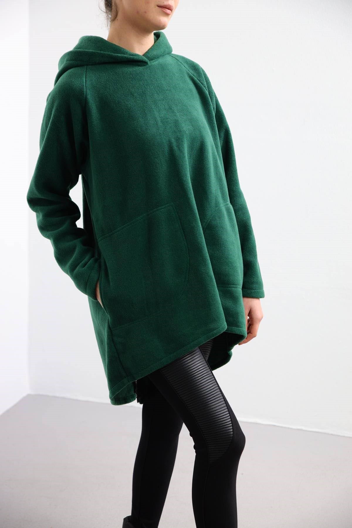 Dark Green Back Zipper Detail Fleece Hoodie - Saman Butik | Shop Online Dark Green Back Zipper Detail Fleece Hoodie