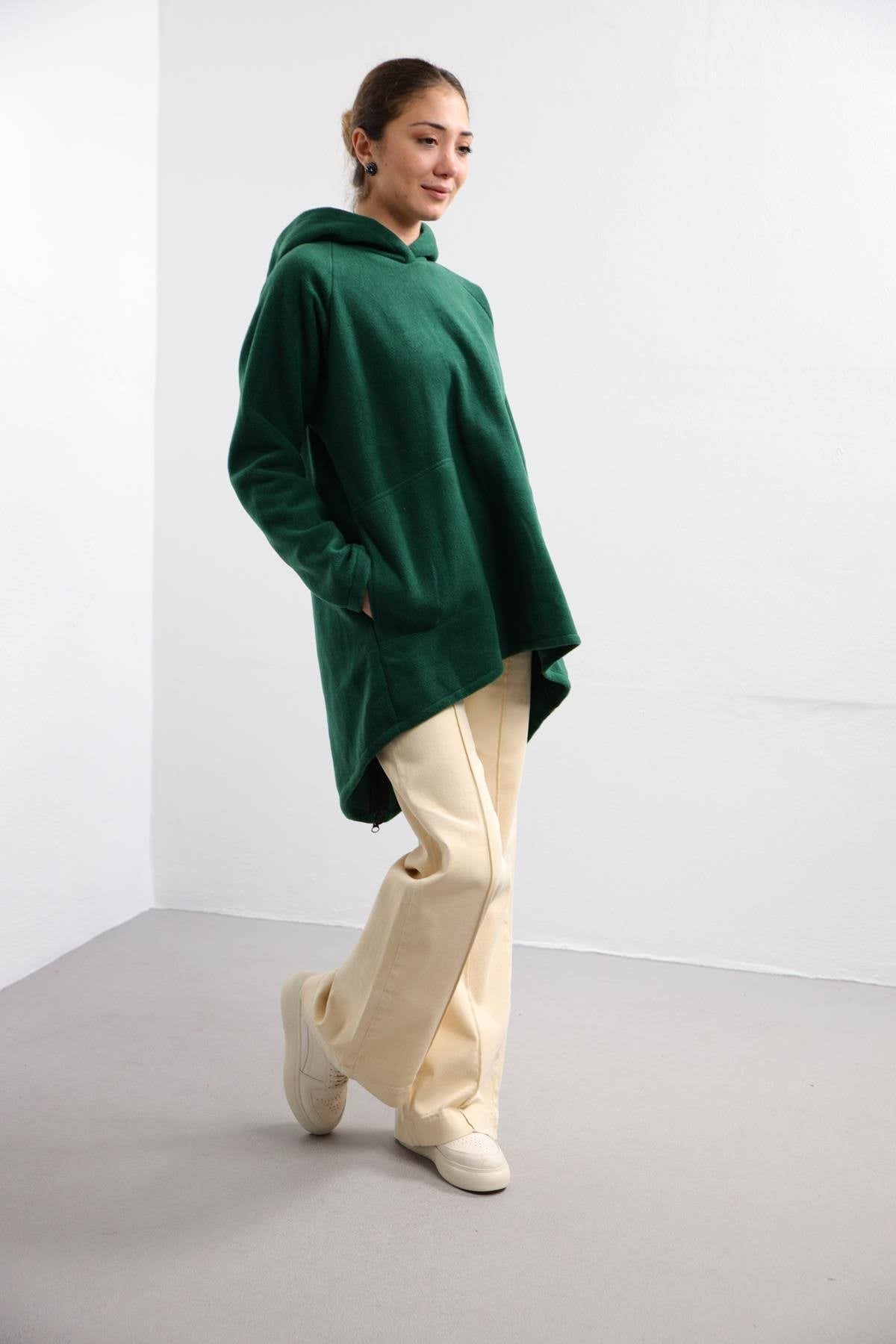 Dark Green Back Zipper Detail Fleece Hoodie - Saman Butik | Shop Online Dark Green Back Zipper Detail Fleece Hoodie