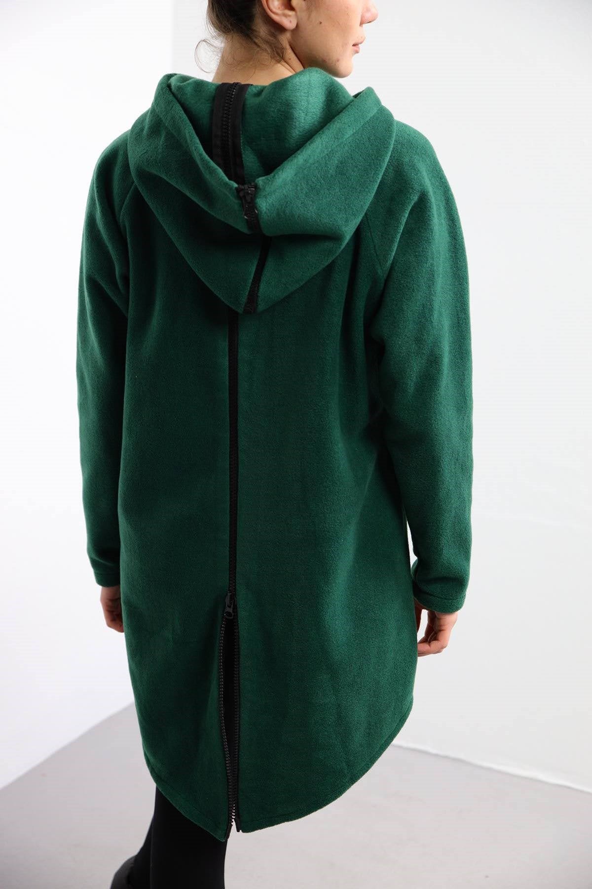 Dark Green Back Zipper Detail Fleece Hoodie - Saman Butik | Shop Online Dark Green Back Zipper Detail Fleece Hoodie