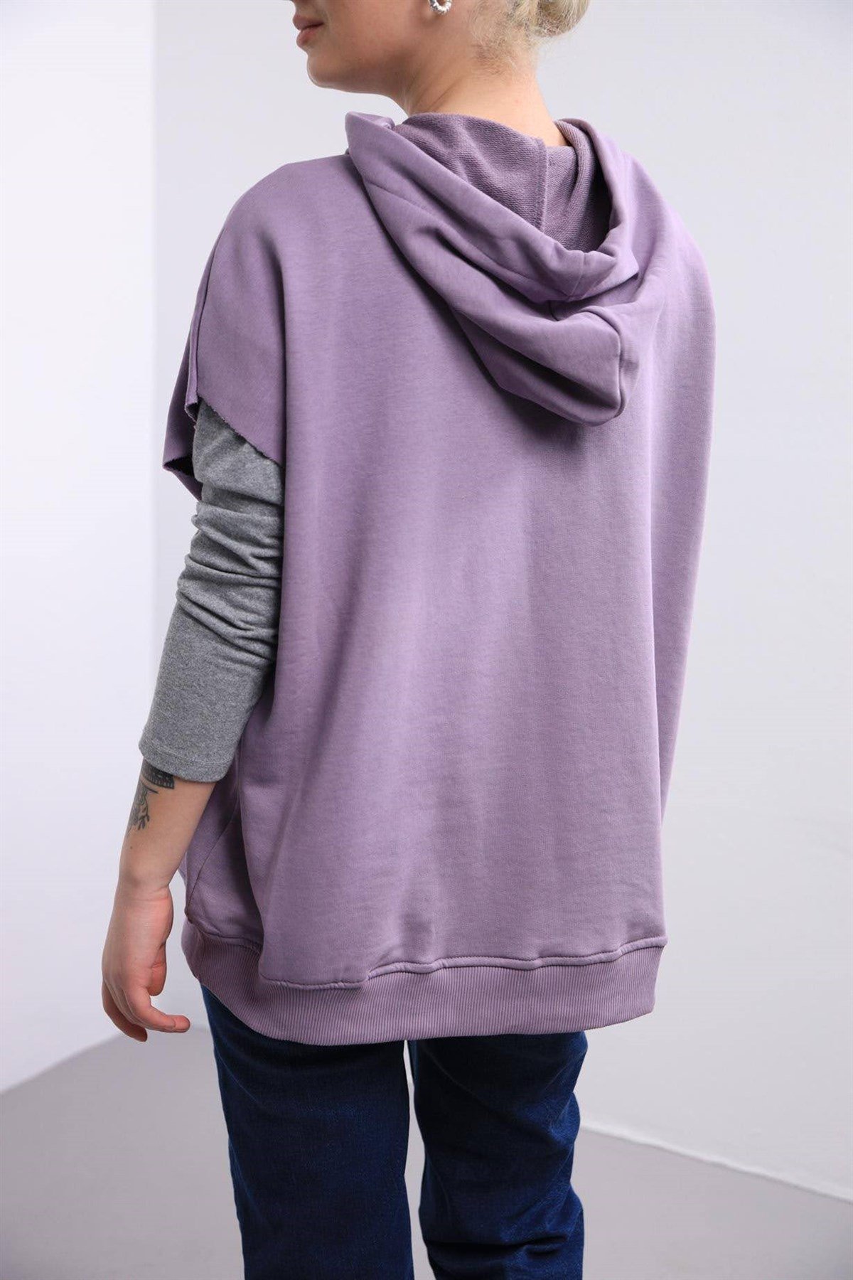  Lila Kapüşonlu Önden Cepli Sweat