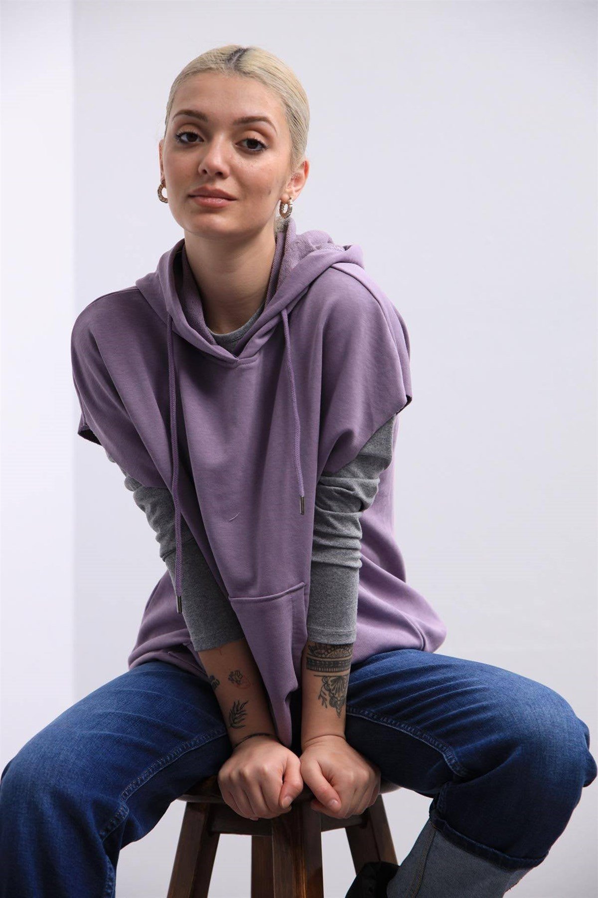  Lila Kapüşonlu Önden Cepli Sweat