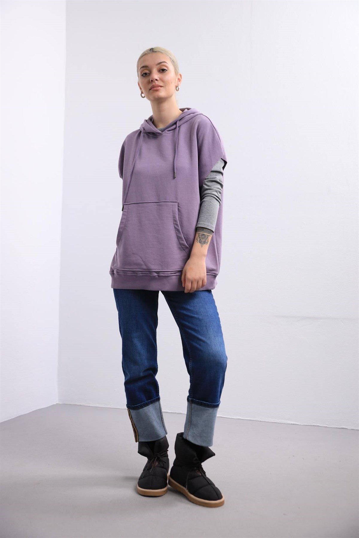  Lila Kapüşonlu Önden Cepli Sweat