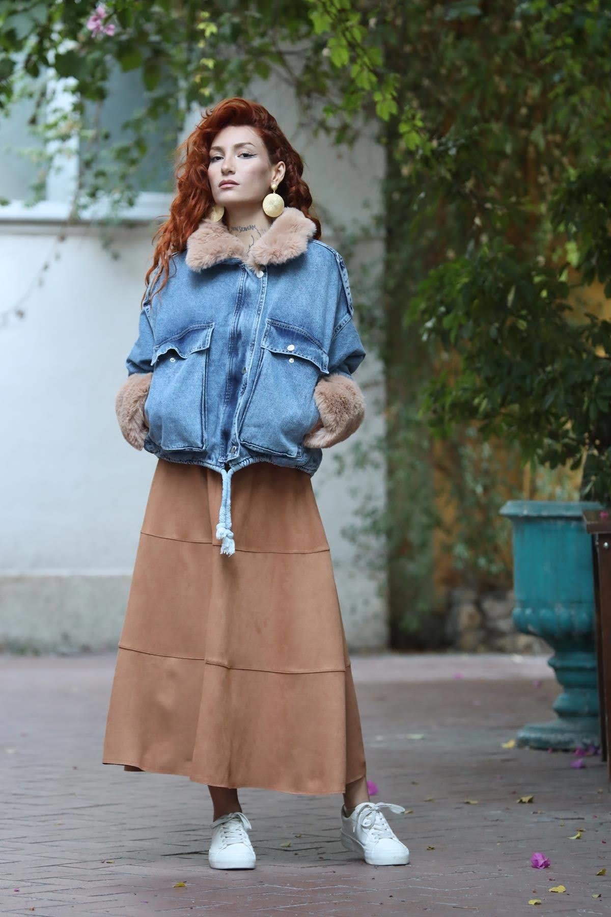 Taba Dikiş Detaylı Süet Kloş Etek