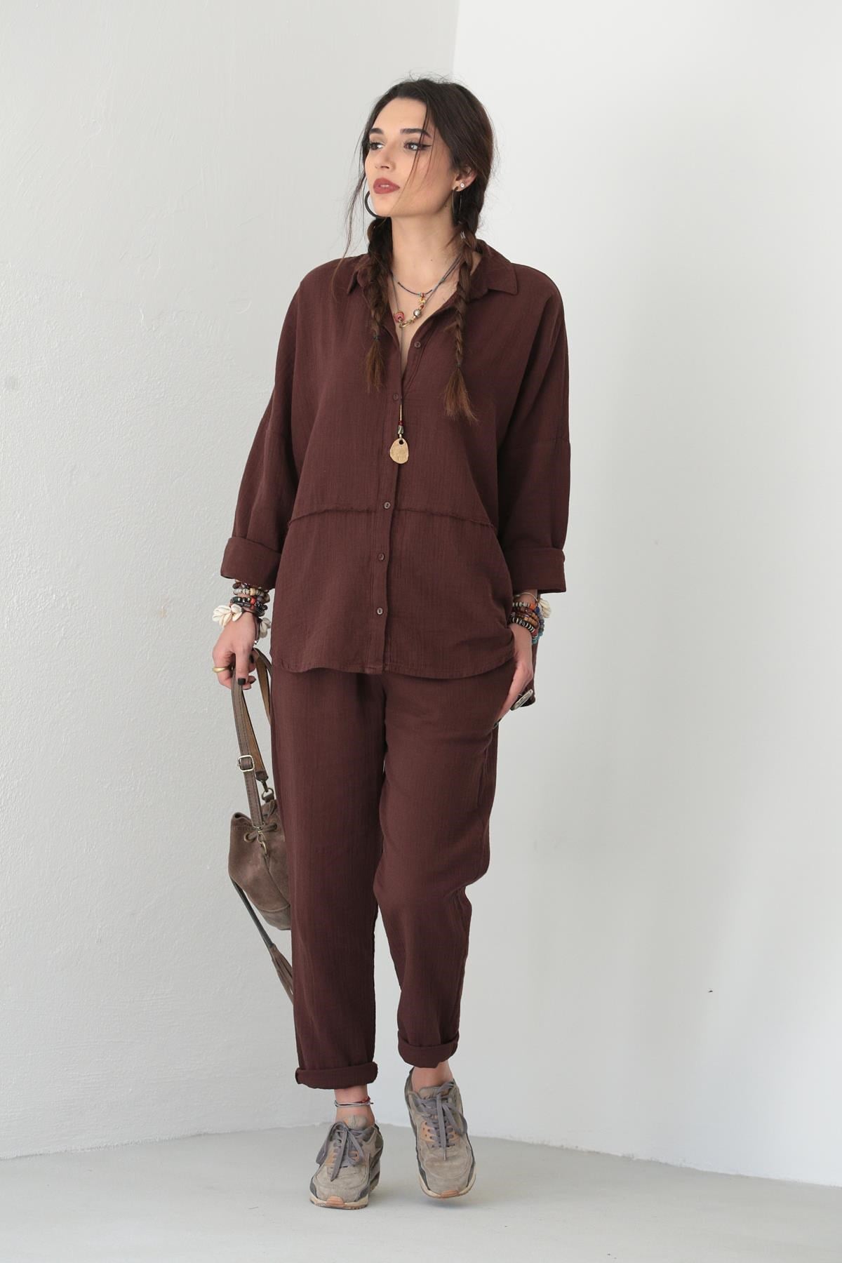 Dark Brown Shirt and Trousers Pair - Saman Butik | Shop Online Dark Brown Shirt and Trousers Pair